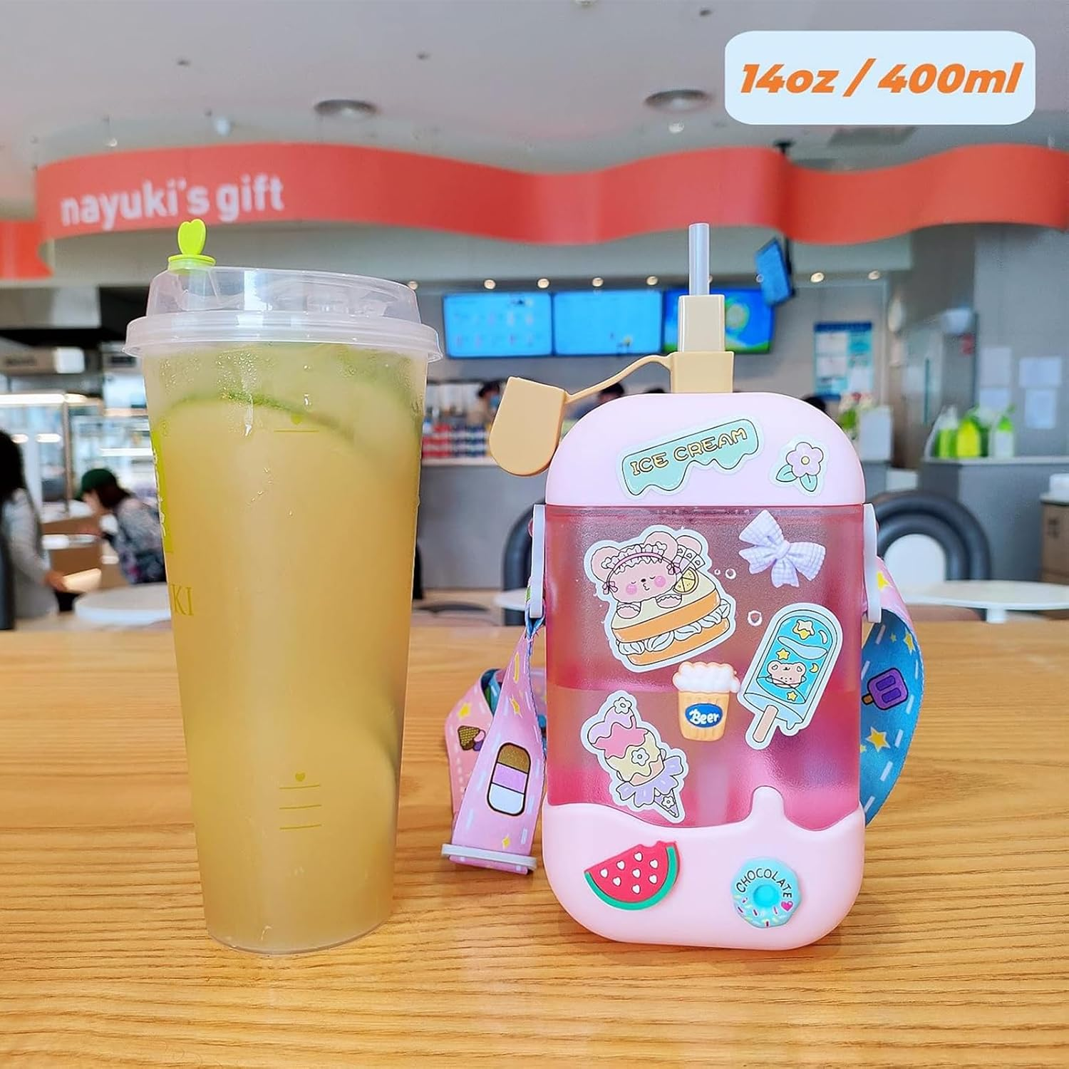 Kawaii Water Bottle Cute Ice Cream Water Bottles with Straw, Kawaii Popsicle Water Bottle with Adjustable Shoulder Strap and Stickers, Popsicle Cup for School Girls and Boys, Bpa-Free 400Ml (Pink) - Blue image number 3