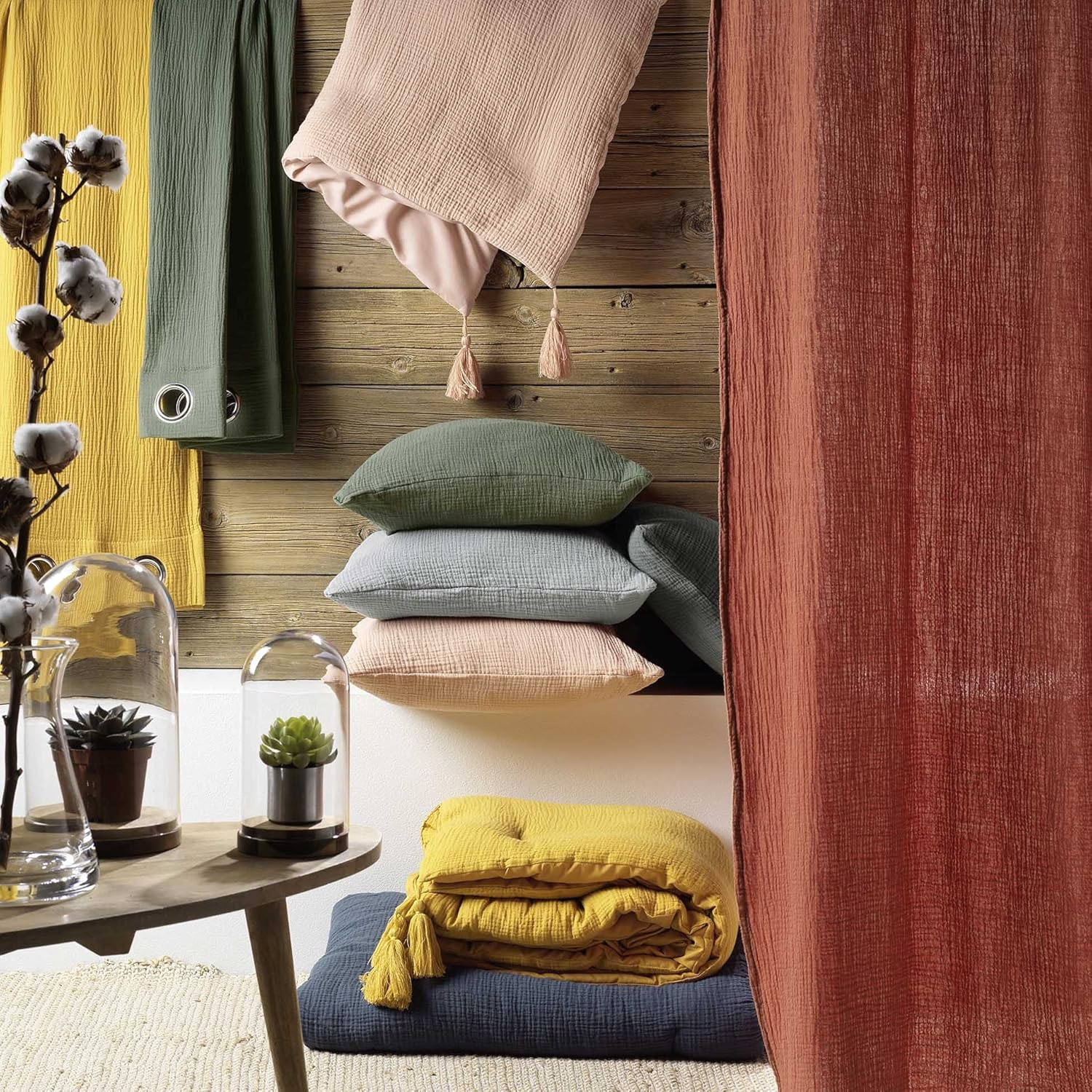 Douceur D'Int&eacute;rieur, 3-Piece Bedding Set 260 X 240 Cm Double Gauze Cotton Angelia Yellow, 100% Cotton image number 4