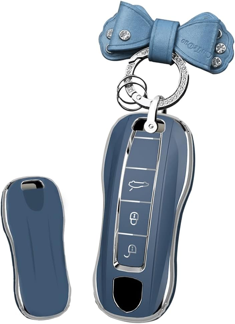 HIBEYO Key Fob Cover Compatible with Porsche Cayenne Macan Panamera Boxster 911 Carrera Tayca ABS Key Holder Accessories Smart Remote Auto Key with Keychains-Leather Key Chain(Black)