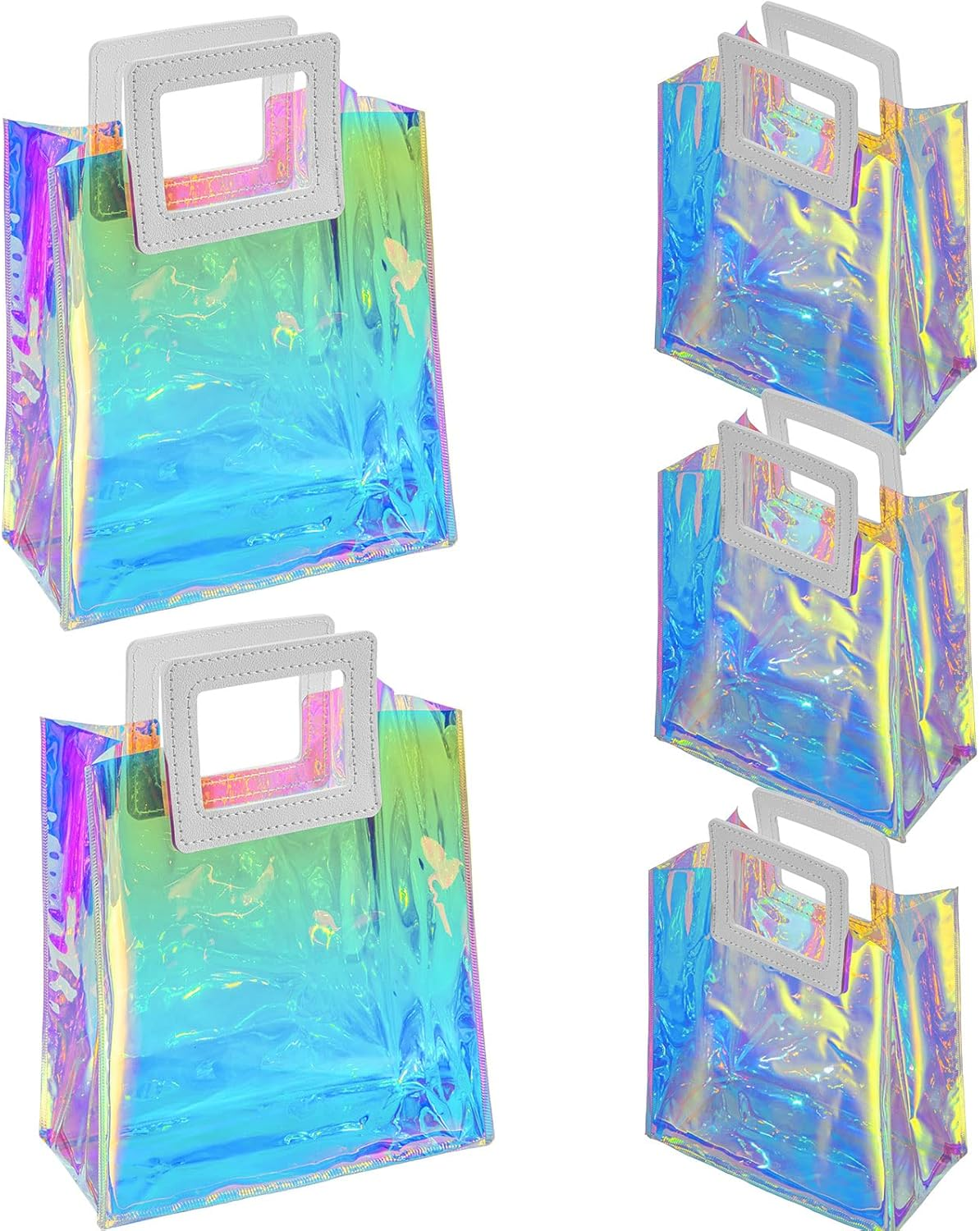 Holographic Small Gift Bags 2 Pack 7.9 * 7.1 * 3.9 Inch with Handles for Women, Girls, Birthday, Christmas, Bachelorette Party Favors, Shopping Reusable Clear Gift Wrap Bag