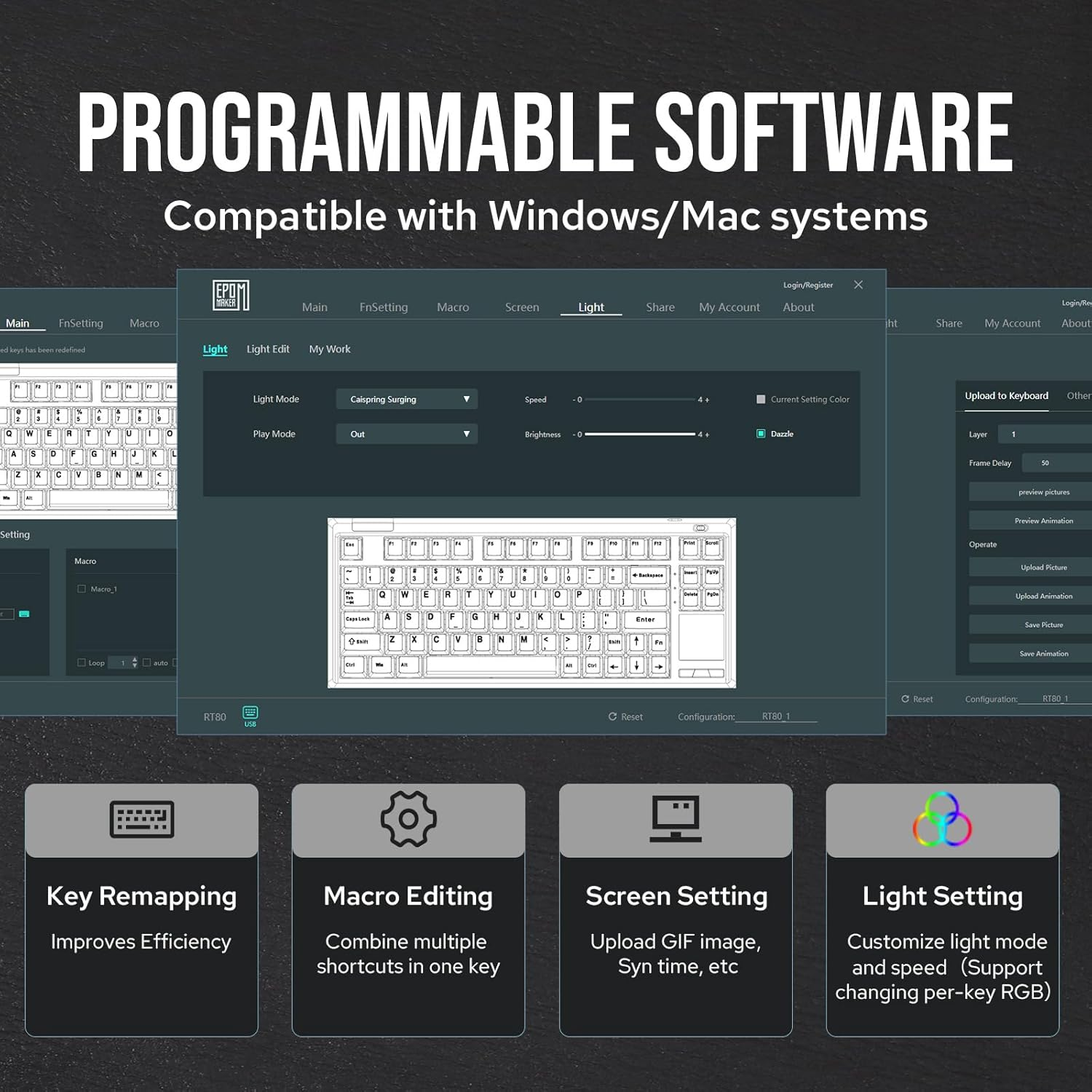 EPOMAKER RT80 Wireless Gaming Keyboard, Tri-Mode 75% Mechanical Keyboard, Hot-Swap Creamy Custom Keyboard, with Touch Screen and Mini Display, NKRO for Office Game (Black, Wisteria Linear Switch) image number 2