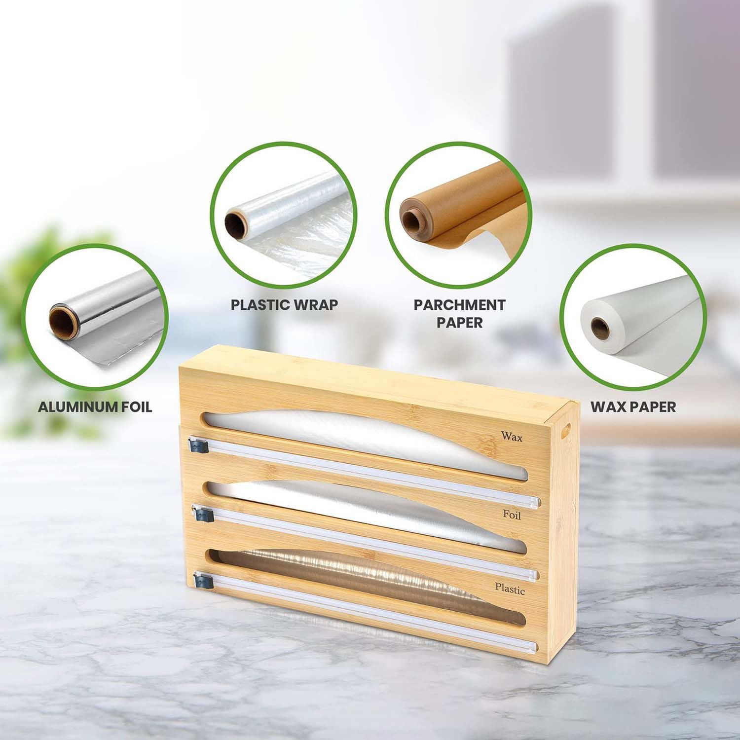 3-In-1 Wrap Organiser with Cutter &ndash; Foil, Cling Film & Baking Paper Dispenser, Fits 30&ndash;33Cm Rolls, Wall Mount or Drawer Use image number 5