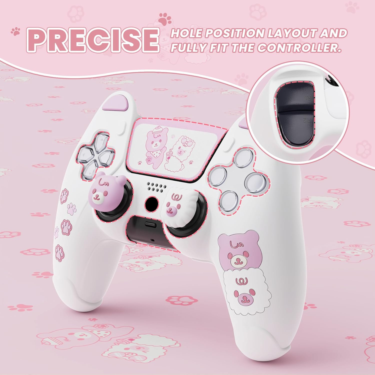 Playvital Cute Bear Controller Silicone Case for Ps5, Kawaii Controller Cover Compatible with Charging Station, Gamepad Skin Protector for Ps5 with Touch Pad Sticker & Thumb Grips - White & Pink - Pink  Yellow image number 5
