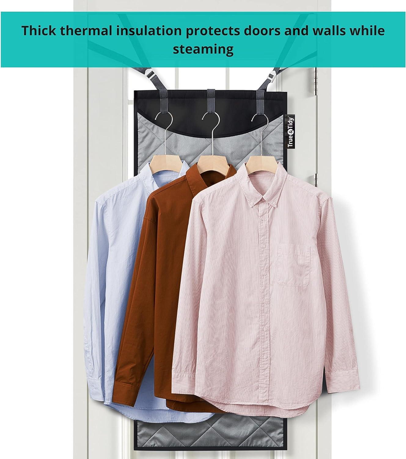 True & Tidy XL over the Door Protective Clothes Steamer Pad, Ironing and Press Pad, Helps Protect Surfaces While Garment Steaming, with 3 Hanger Hooks image number 6