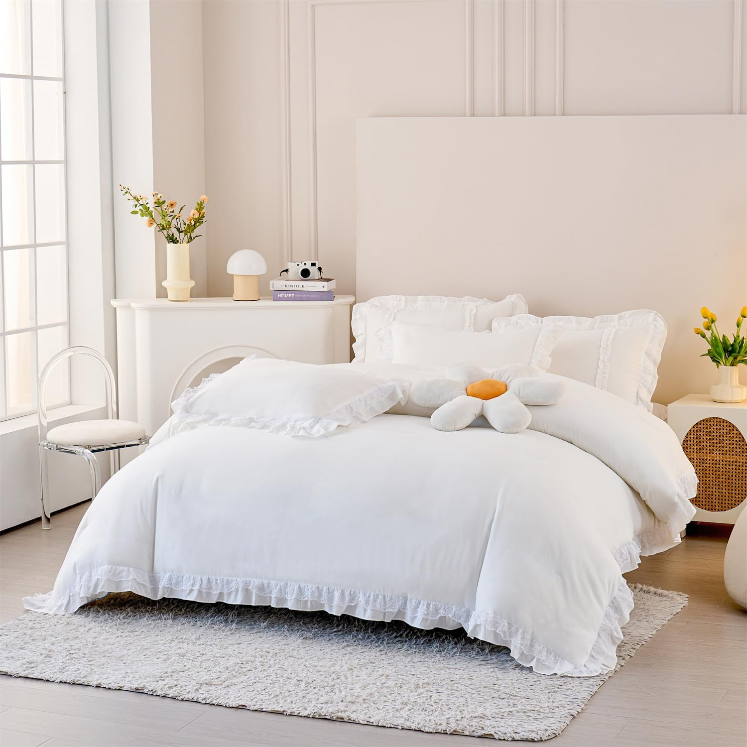 MOOWOO Chic Ruffle Lace Polyester Duvet Cover Set -Girl White Bedding-2 Piece Twin Duvet Cover with Zipper Closure -Ultra Soft and Light Weight(White, Twin) image number 4