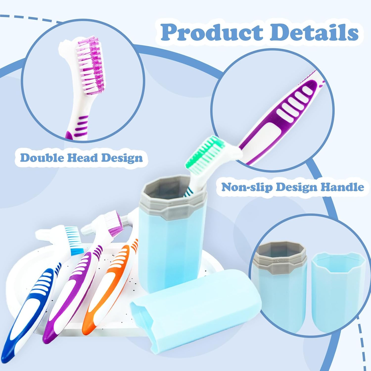 4 Pcs Denture Cleaning Brush and 1 Pcs Storage Case, Portable Denture Toothbrush, Retainer Brush With, Double Sided Toothbrush (4 Colors and Blue) image number 5