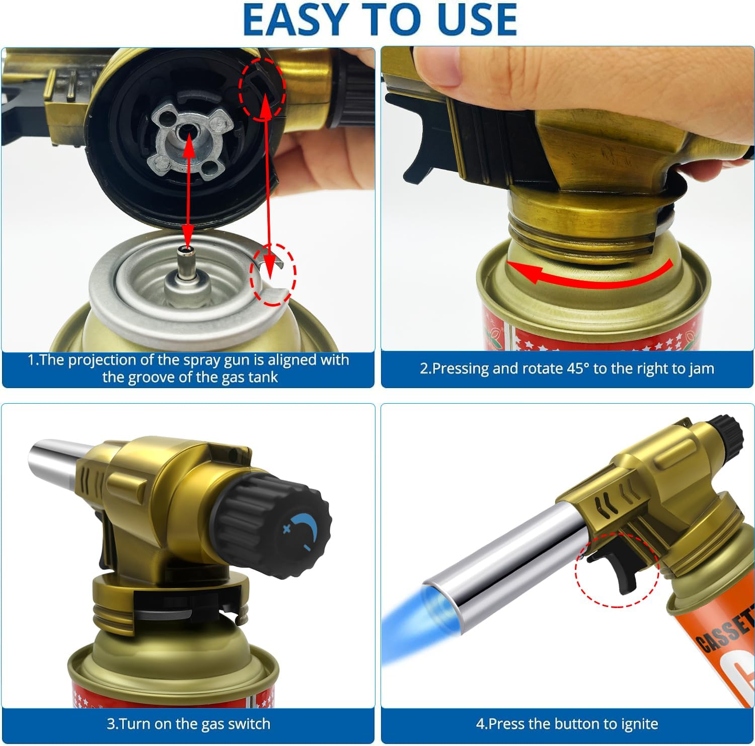Butane Torch, Professional Kitchen Torch Lighter, Metal Case, Adjustable Flame, 360&deg; Reverse Use Gas Burner for Desserts Creme Brulee Baking BBQ Camping Soldering (Fuel Not Included) image number 2