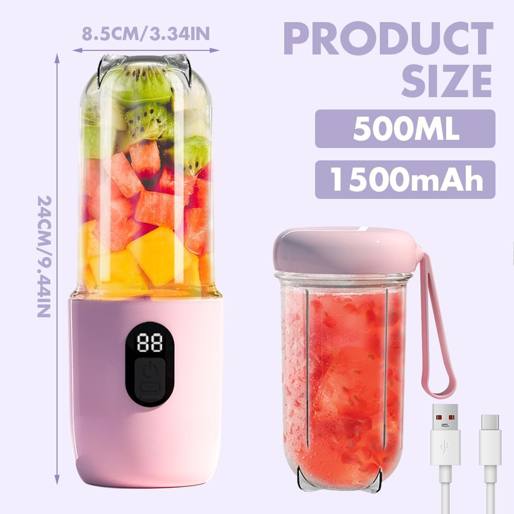 Portable Blender, 500Ml Blender Smoothie with Digital Display, Rechargeable Mini Blender Portable 1500Mah Battery, 16 Blades Blender Smoothie for Travel Kitchen Office Outdoor, Pink