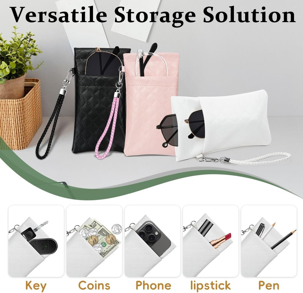 RETON 3 PCS Double Eyeglasses Case with Carrying Strap, Pink Black and White Color Sunglasses Pouch Soft Portable PU Leather Case for Women Men image number 2