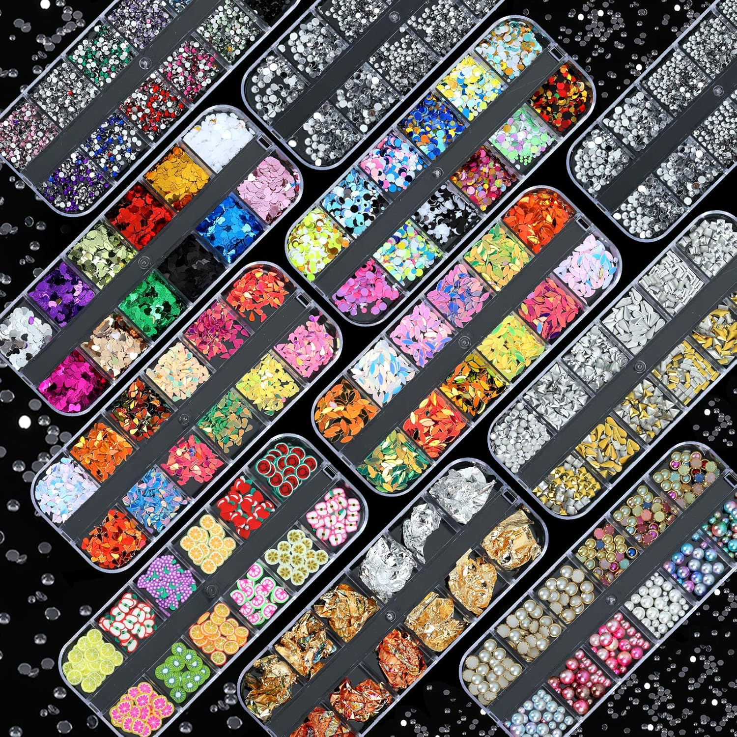 11 Boxes Nail Art Rhinestone Kit - Nail Art Mixed Rhinestone Set, Nail Art Rhinestones Gems Beads Gemstones Colourful Horse Eyes Rhinestone with 1 Tweezers and 1 Rhinestone Picker for Nail DIY Decoration image number 1