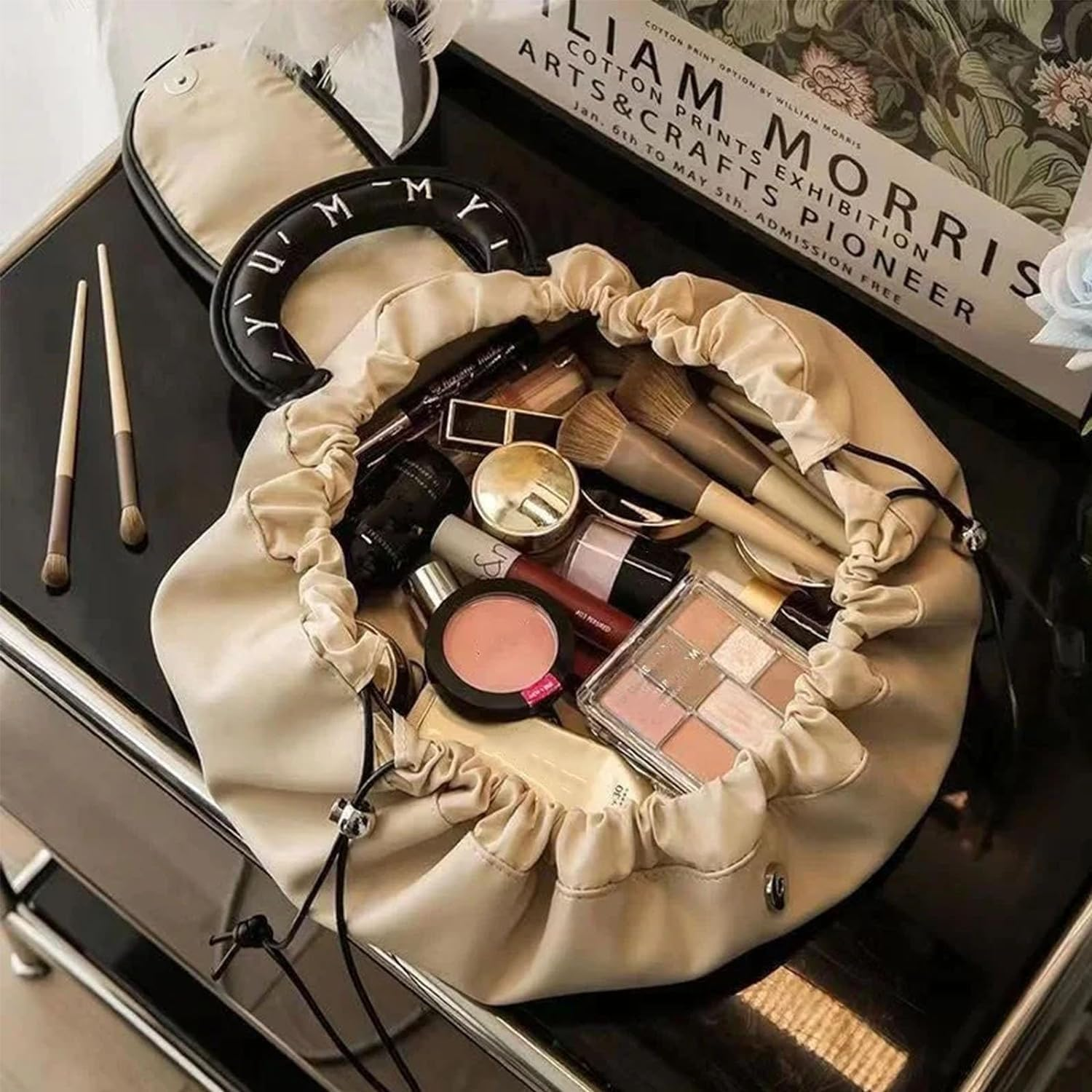 Lay Flat Makeup Bag, Drawstring Storage Bag, Flat Lay Cosmetic Bag, Beige