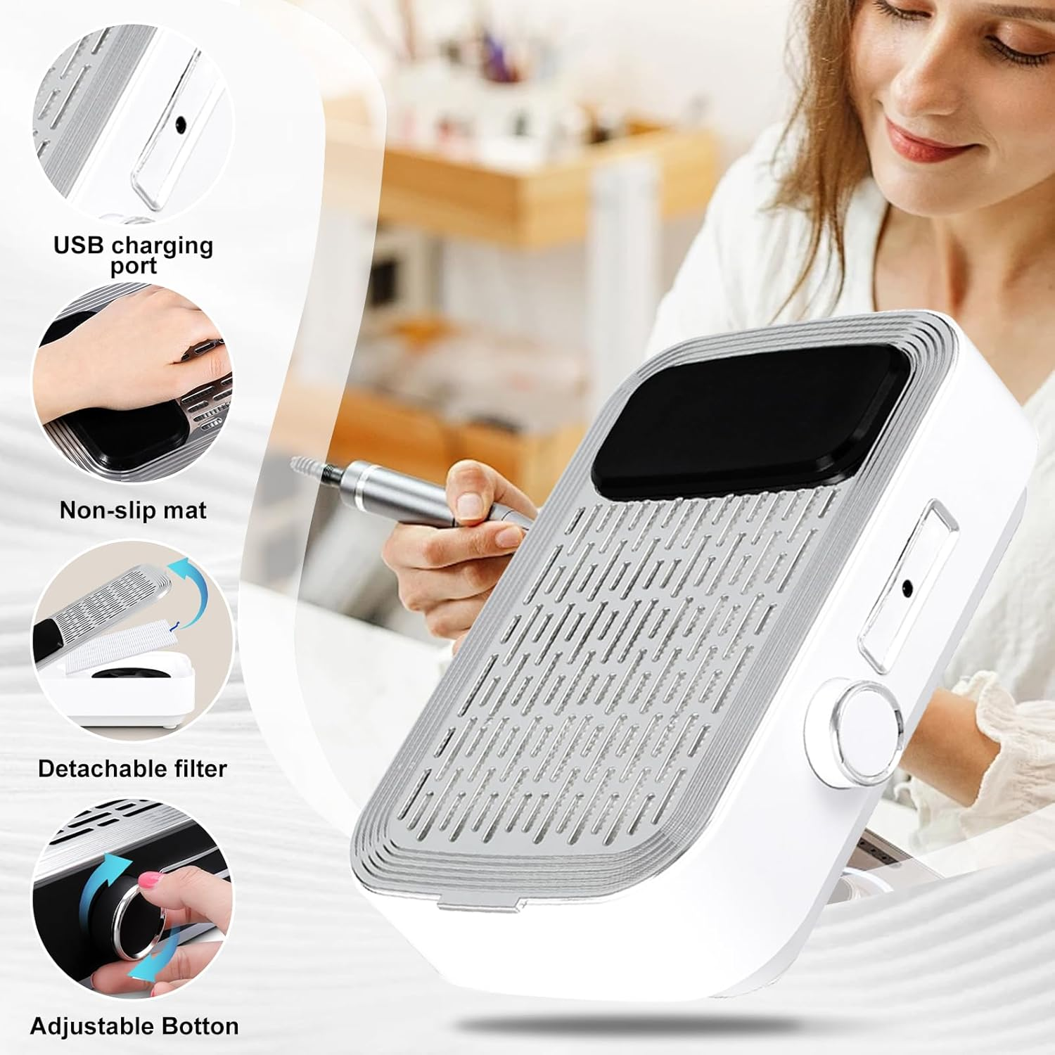 Bouzaak Rechargeable Nail Dust Collector 80W Nail Extractor Vacuum Fan for Acrylic Gel Nail Polishing Nail Salon (White) image number 4