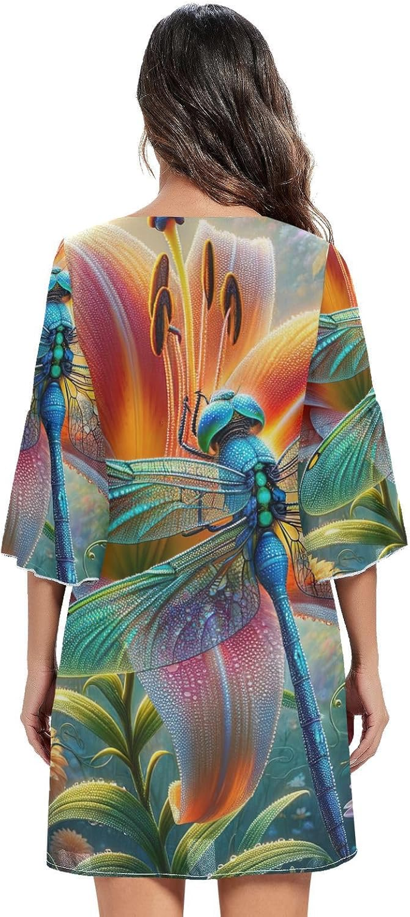 Beautiful Dragonfly Flowers Casual V Neck Dress 3/4 Sleeve Maternity Dress Party S-XXL image number 4