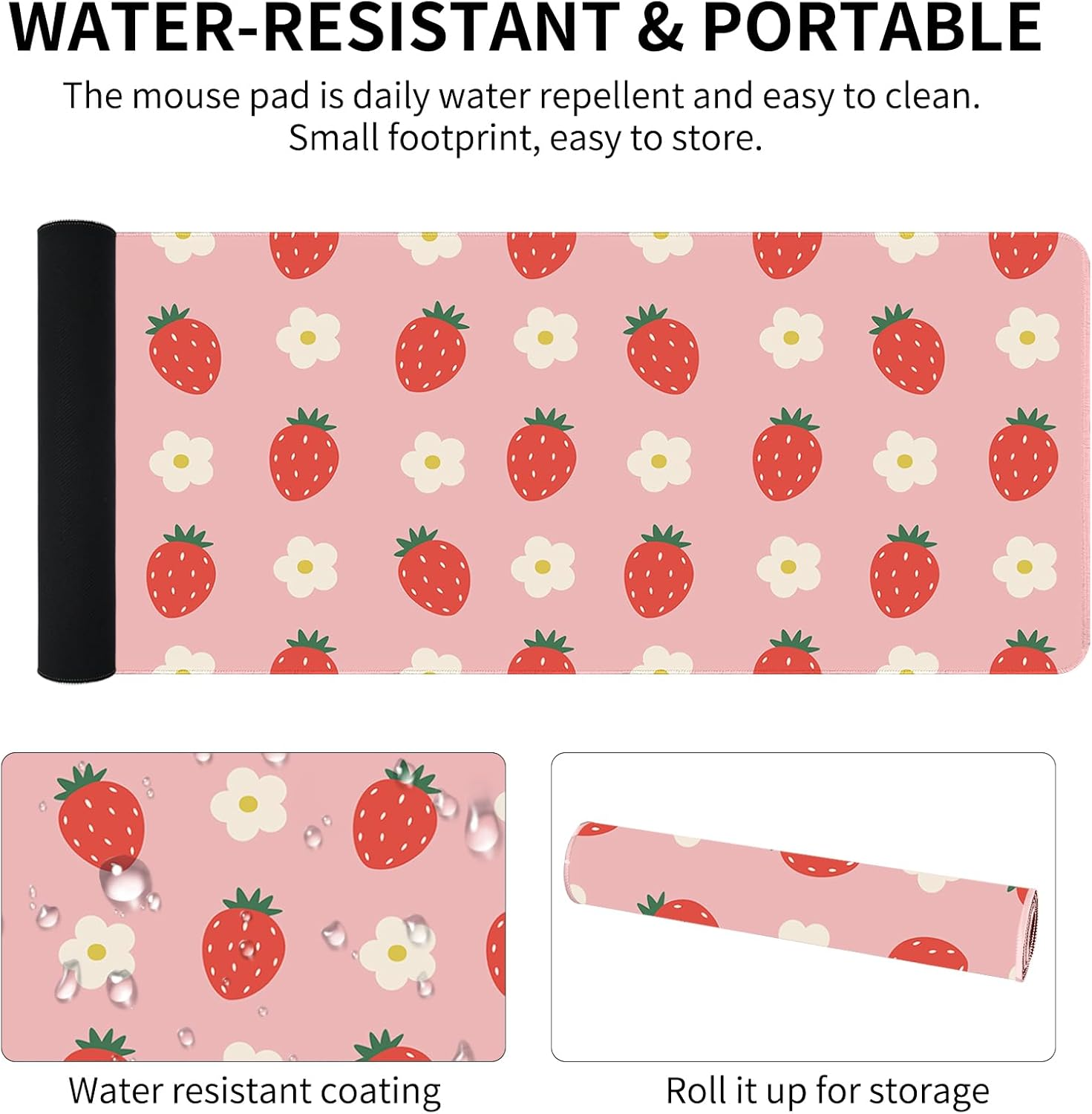 Cute Large Mouse Pad, Aesthetic Mouse Mat with Waterproof and Non-Slip Rubber Base,Gaming Mouse Mat for Daily Office,Home,Desk Pad Mat, 80Cm*30Cm*3Mm(31.5X11.9In), Xl,Pink Strawberry image number 3