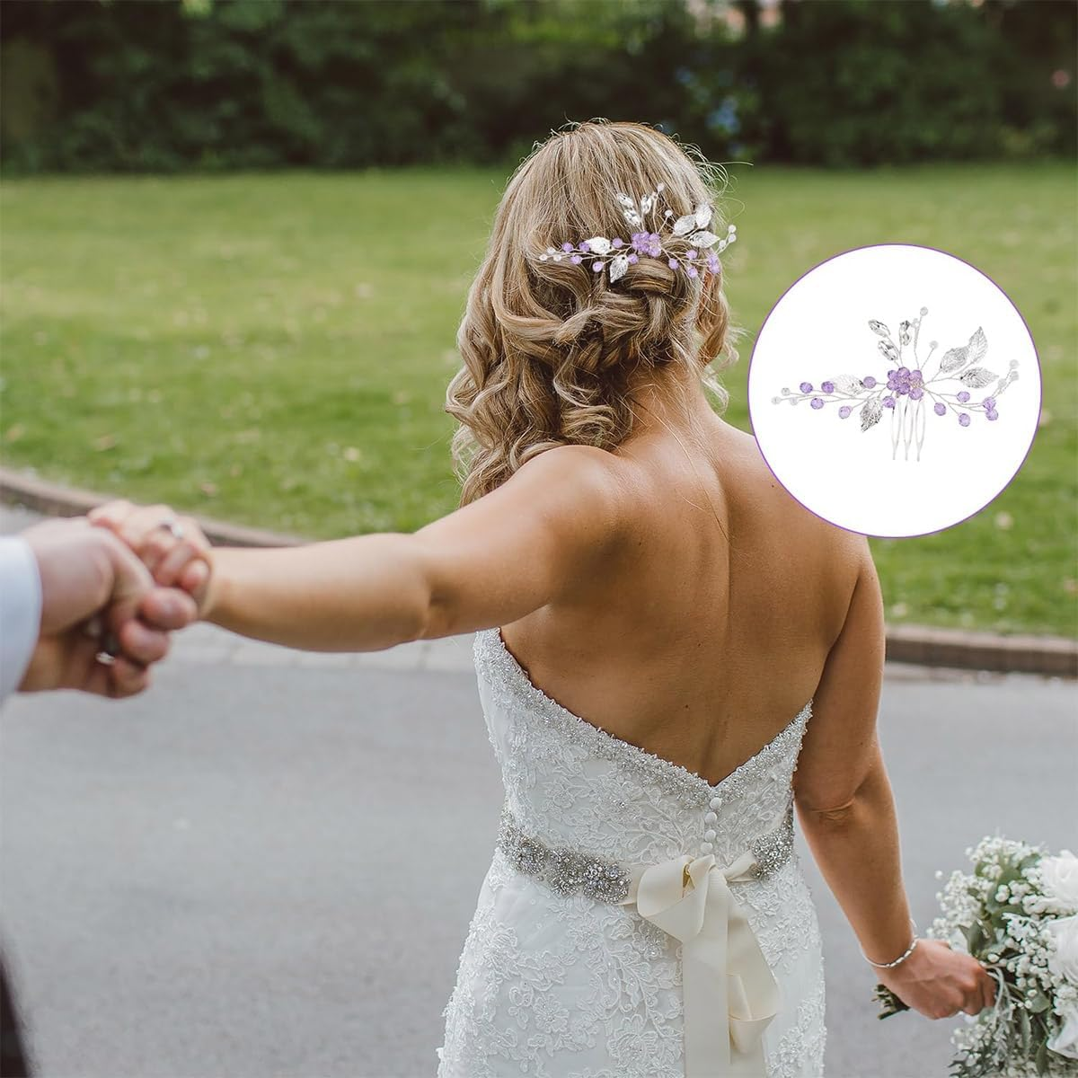 Laroal Elegant Bridal Leaf Crystal Rhinestone Hair Comb Headband - Purple and Silver Wedding Tiara for Women Girls Bridesmaids (14 * 7.5Cm) image number 3