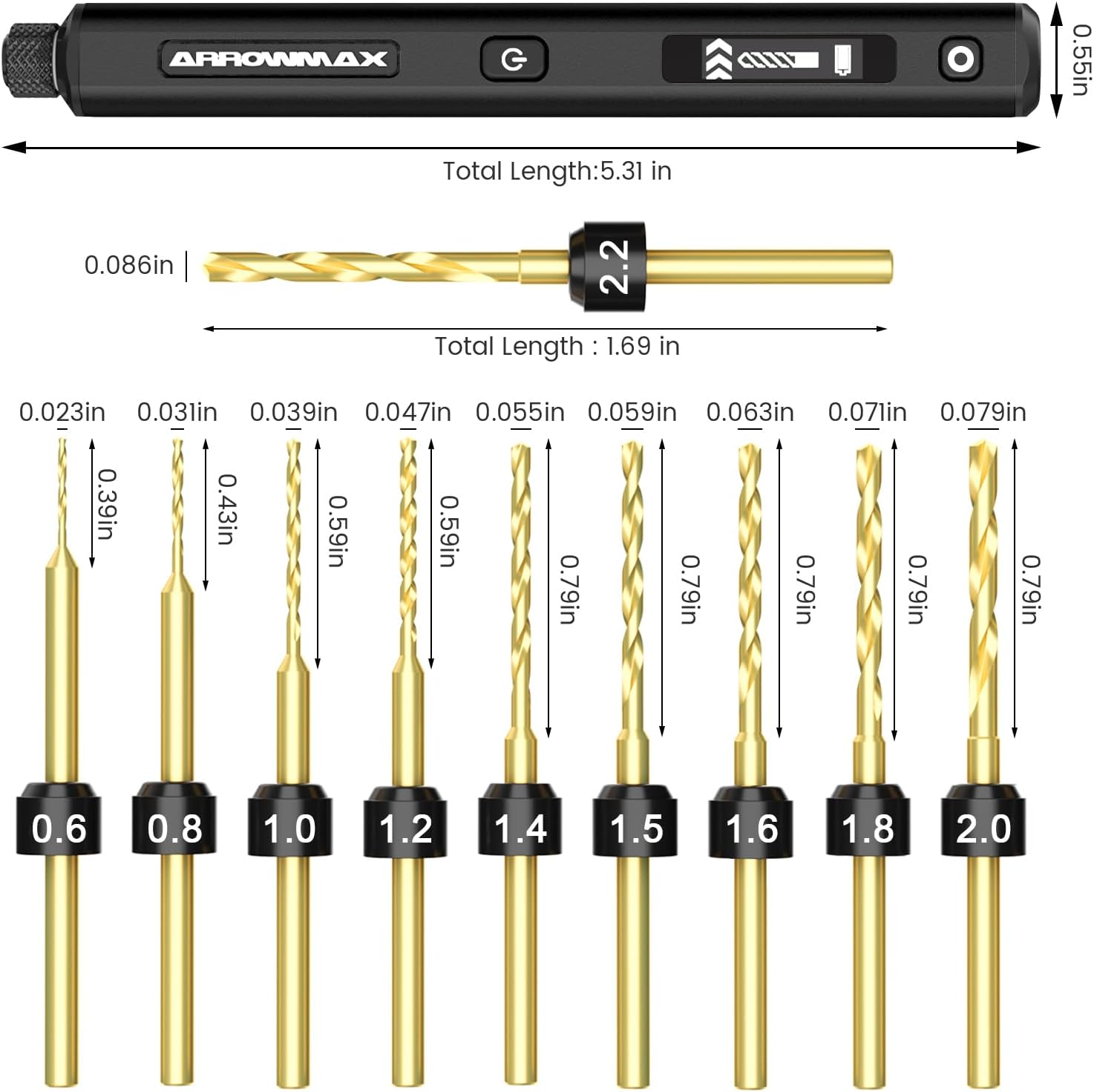 AM ARROWMAX Mini Electric Drill Pen, 5-Speed, 10 Small Drill Bits with Aluminium Box, LED Lights, OLED Display, Resin Mini Drill Set for Jewelry Making, Plastic, Wood (SDS), Black