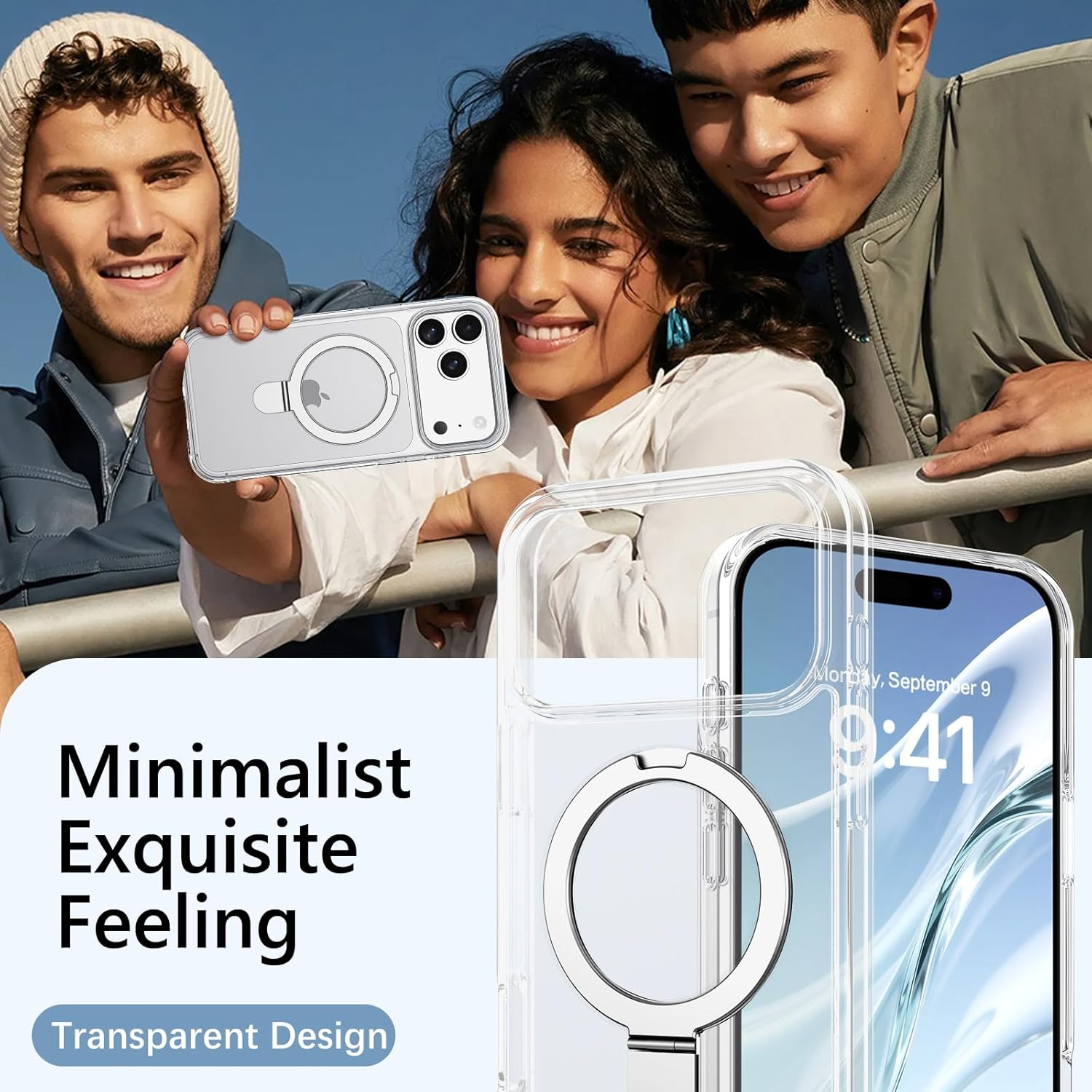 DUEDUE Magnetic Case for Iphone 17 Pro Max 6.9" with 360&deg; Rotatable Ring Stand, [Compatible with Magsafe] Shockproof Slim Fit Thin Phonetransparent Full Protection Cover for Iphone 17 Pro Max, Clear