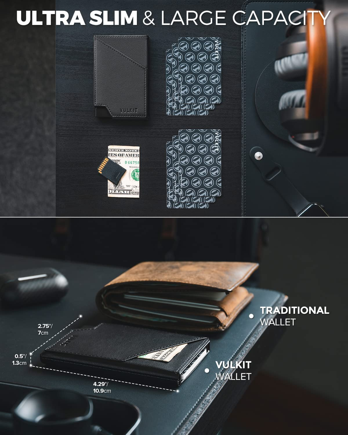 VULKIT Minimalist Slim Wallet for Men Pop up Card Holder RFID Blocking with Money Pocket for Cash & Credit Cards Black