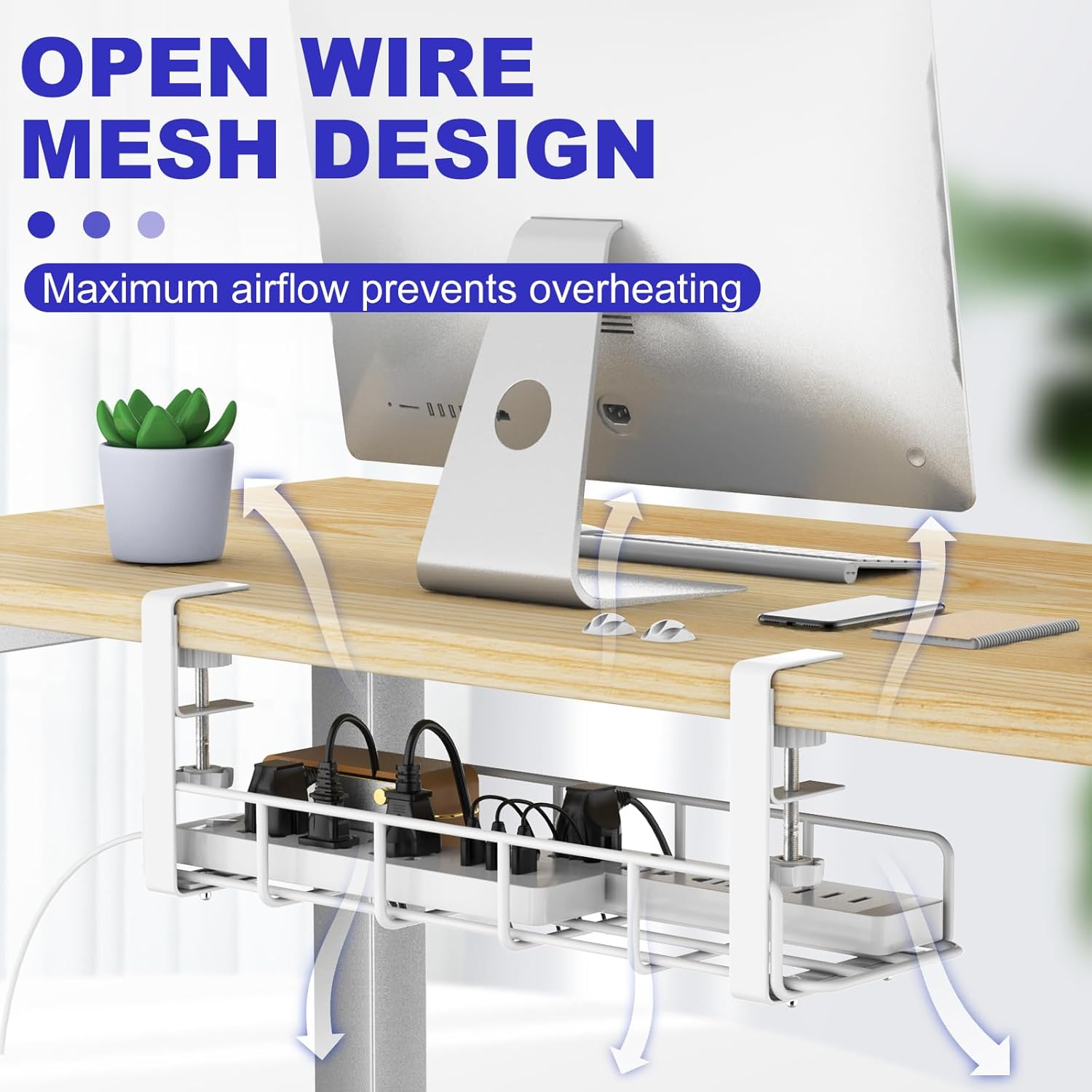 REFLYING Cable Management under Desk Underdesk Cable Management Cable Basket for Managing Cables and Power Strips, White, Set of 2 image number 5