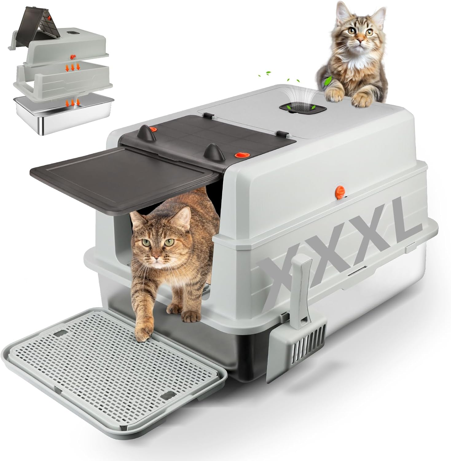 Bartuke XXXL Extra Large Stainless Steel Litter Box with Lid, 28"L X 20"W X 17"H Enclosed Metal Cat Litter Box with Litter Scoop & Foot Pedal, Odor Control,Easy Cleaning for Big Cats, Multiple Cats image number 4