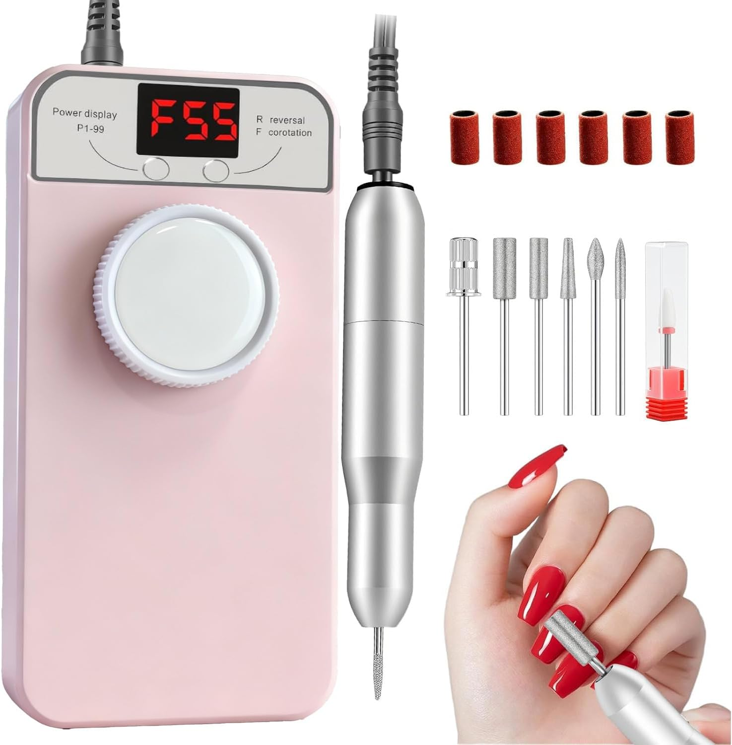 Yisis Professional Cordless Nail Drill, 55000RPM Electric Nail File with LCD Screen, Rechargeable Portable Efile Machine for Acrylic Gel Nails, Home Salon Manicure Pedicure Kit (Pink)