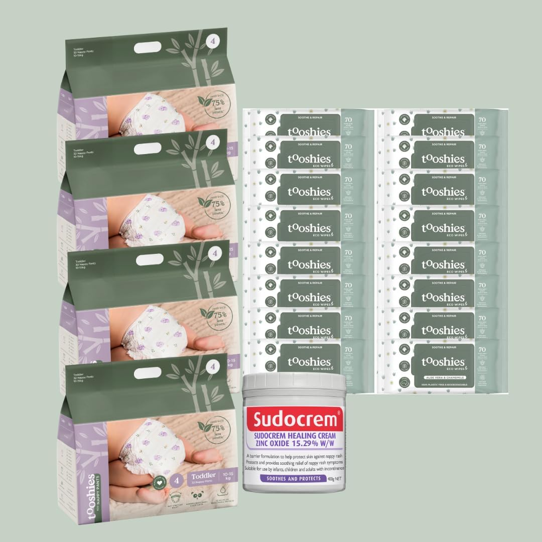 Tooshies Eco Nappy Pants, Size 4 Toddler, 128 Count + Tooshies Aloe Vera & Chamomile Eco Wipes, Pack of 1120 (16X70 Packs) + Sudocrem Healing Cream 400G image number 3