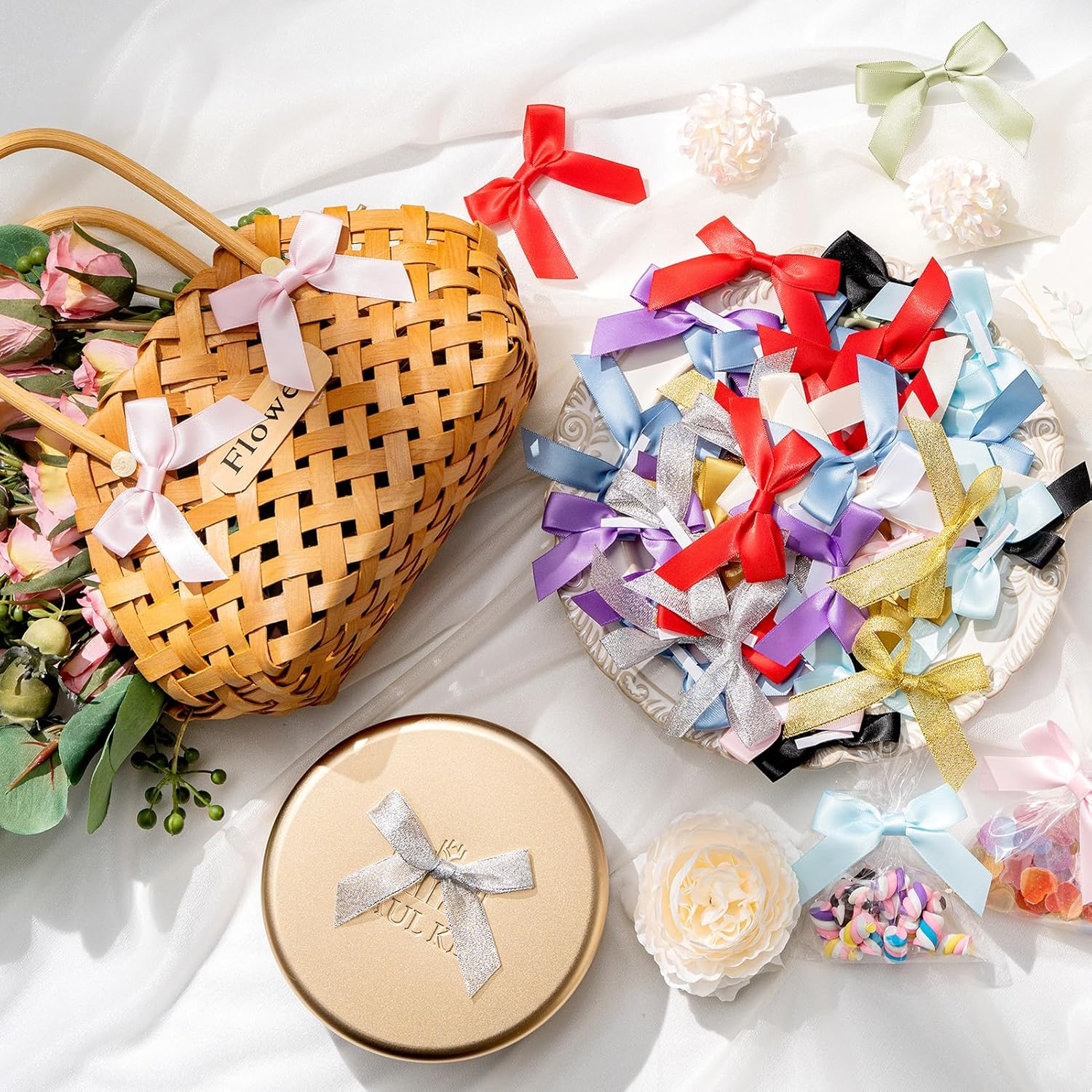 MORSUNBELA 50 Mini Bows,Self-Adhesive Bows Decorations for Party,Gift Wrapping,Crafting,Weddings Cake Decor,Diy Projects,Small Bow,Gold image number 3