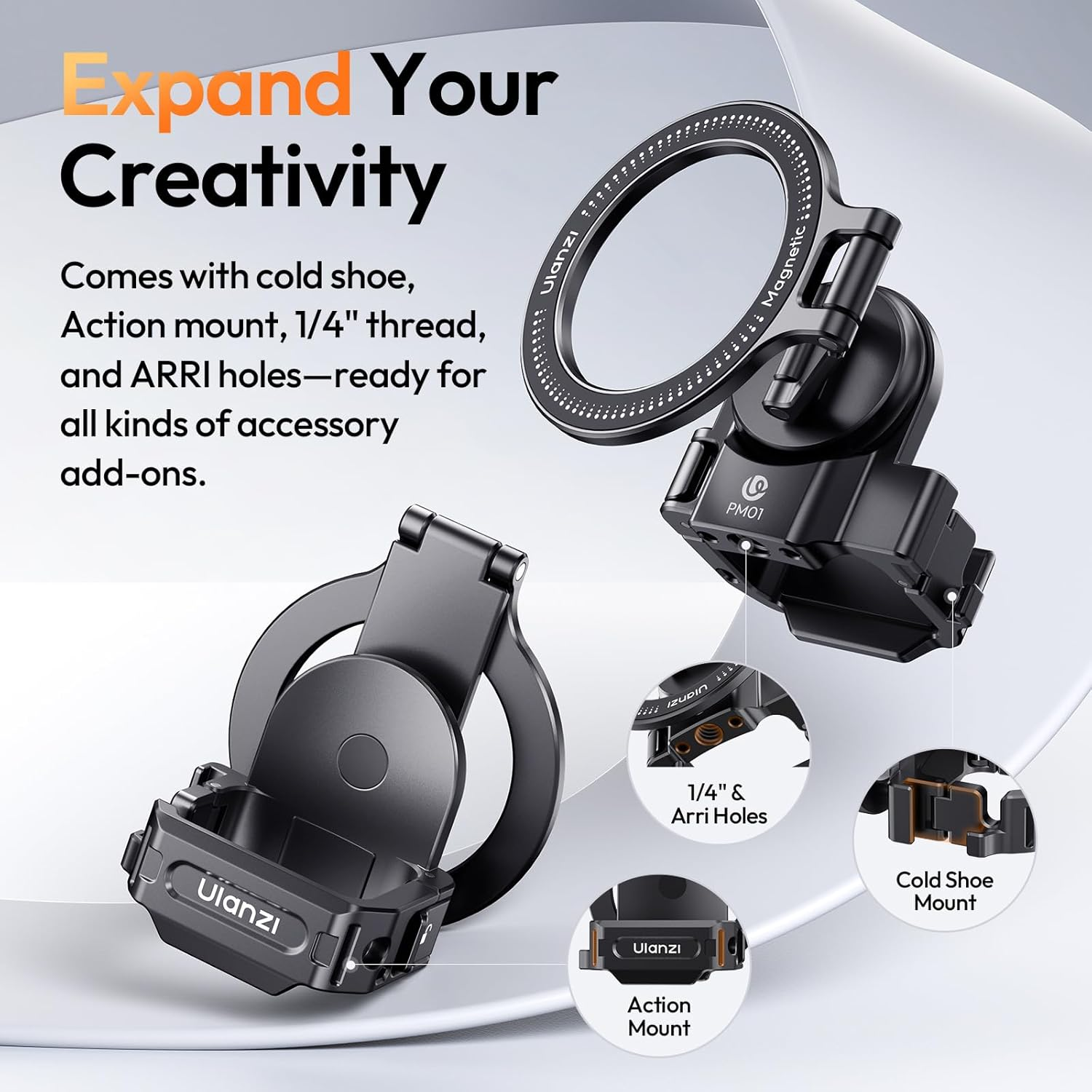 ULANZI PM01 Magnetic Expansion Adapter Compatible with DJI OSMO Pocket 3, Aluminium Magnetic Mount Stand with Cold Shoe and 1/4'' Mount, 181/270/360&deg; Adjustment Magnetic Adapter Pocket 3 Accessories image number 4