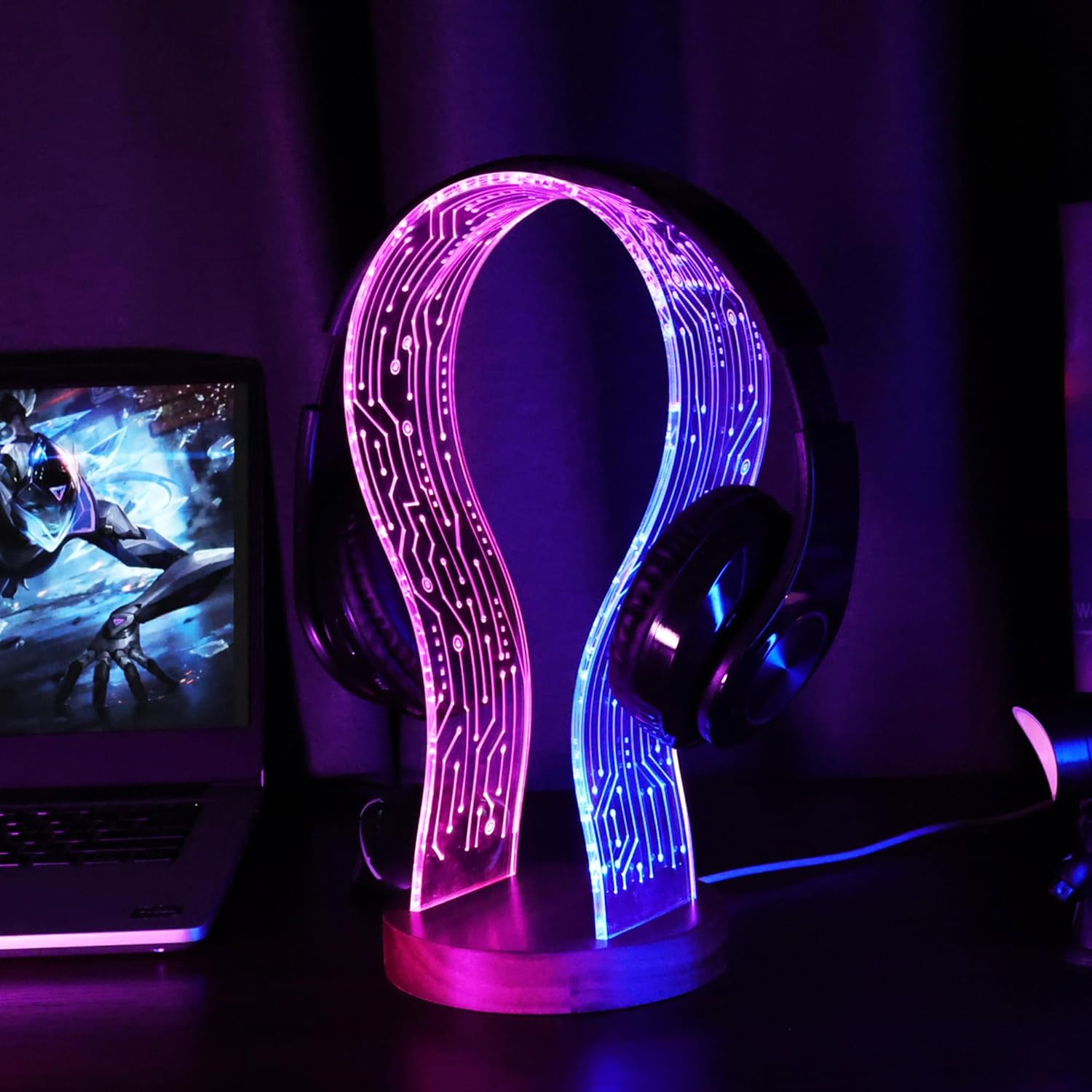 Coolgift Mart Gifts for Gamers and Music Lovers, Light up Headphone Stand, Walnut Wood Headset Holder with Blue Pink LED Night Light, Ideal Desk Accessory image number 2