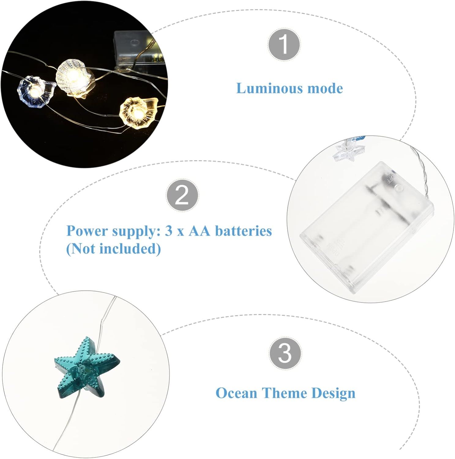 Abaodam Ocean Themed Fairy String Lights Nautical D&eacute;cor Sea Shells Seahorse Conch Cute Decorative Lights for Holiday Party image number 1