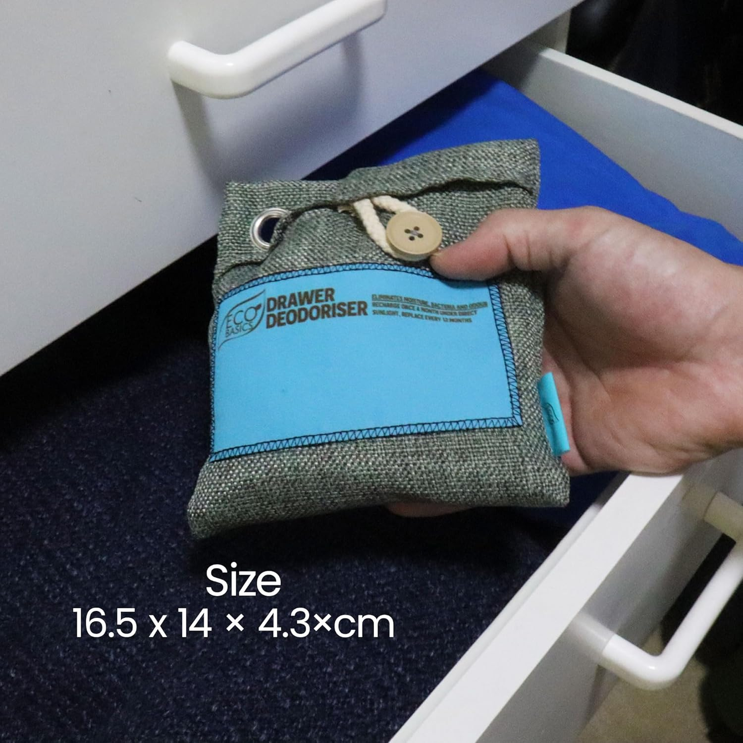 Eco Basics Drawer Deodoriser &ndash; Natural Bamboo Charcoal, Moisture & Odor Absorber, Reusable up to 1 Year, Eco-Friendly Freshness for Drawers, Cabinets, & Small Spaces, 16X14Cm image number 3