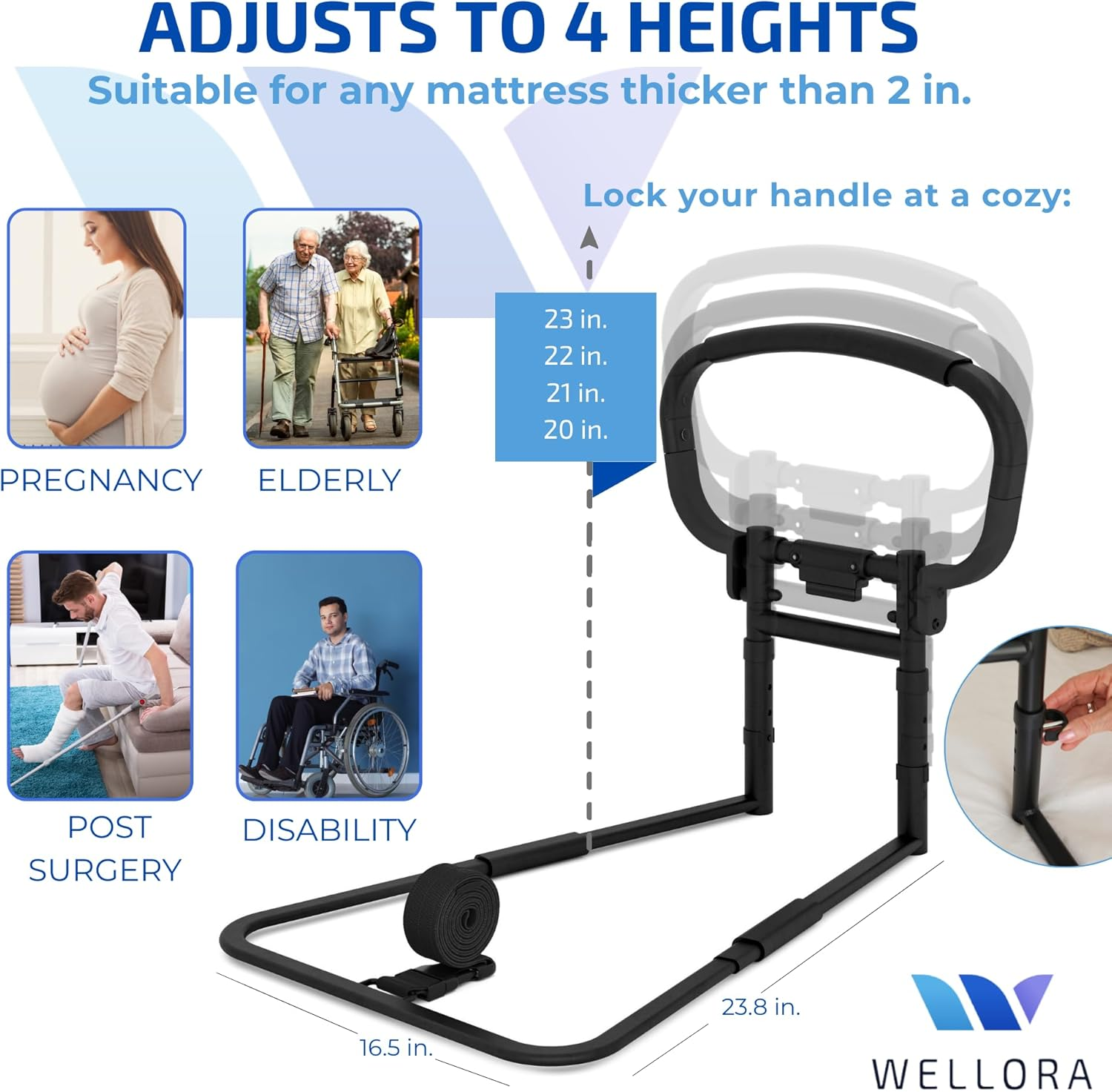 Sturdy Bed Rails for Adults, Pregnant Women, Safety-Foldable & Adjustable Bed Rail-Supports up to 150Kgs-Free Motion Light & Storage Bag-Fit King, Queen, Full, Twin-Bed Guard Rail for Seniors WELLORA image number 2