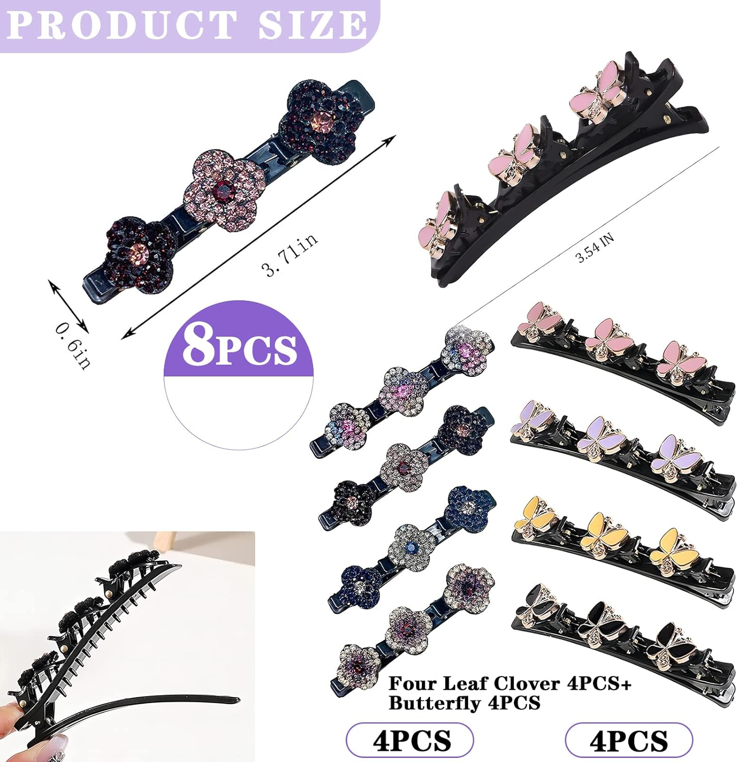 PAITOK Three Flower Side Hair Clips for Girls and Women, 8 Pieces Braided Hair Clips Hair Styling Accessories Double Layer Hair Clips