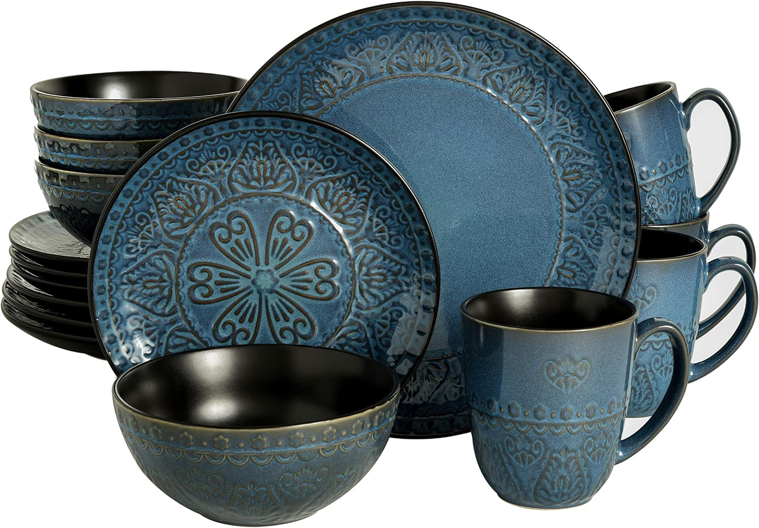 Gibson Milanto 16-Piece Dinnerware Set Featuring Embossed Reactive Glaze Stoneware, Plates, Bowls & Mugs, Blue