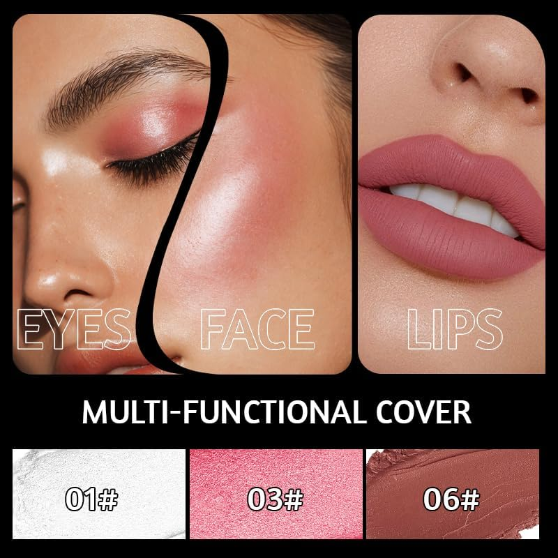 3 Colors Cream Blush Sticks, Contour Stick Makeup Kit for Cheeks, Non-Greasy, Matte Finsh, Long-Lasting, Face Makeup Contouring & Highlighter & Blush Sticks with Brush image number 4