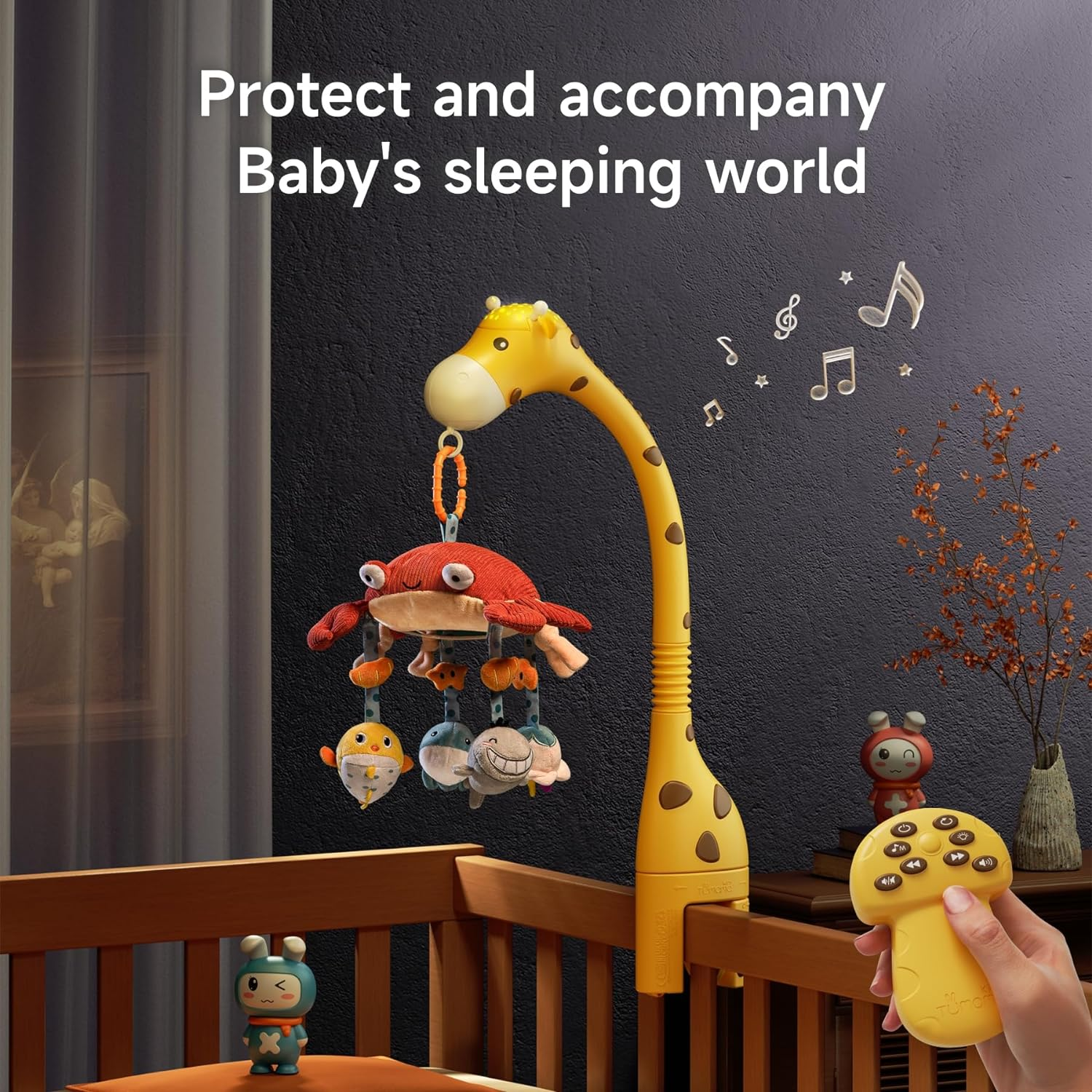 Tumama Baby 0-6 Month Cot Mobile Crib Toys Giraffe Musical Lights Remote Control with Mirror Soft Hanging Rattles Lullaby Rotating Projector Sleeping Auto Off,Mute Spin Motor Infant Newborn Gift