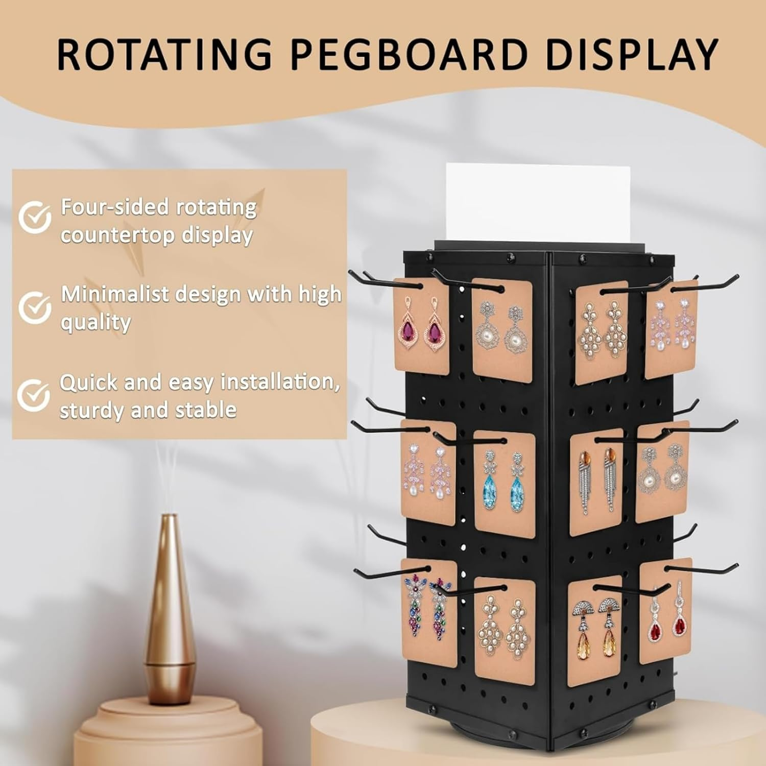 Ssumght Peg Board Display Stand with 12 Hooks,White Metal Jewelry Retail Pegboard Racks for Craft Shows, Fairs and Selling Earrings,Sturdy Rack Stands for Retail Stores, Vendors (Black Rotating) image number 2