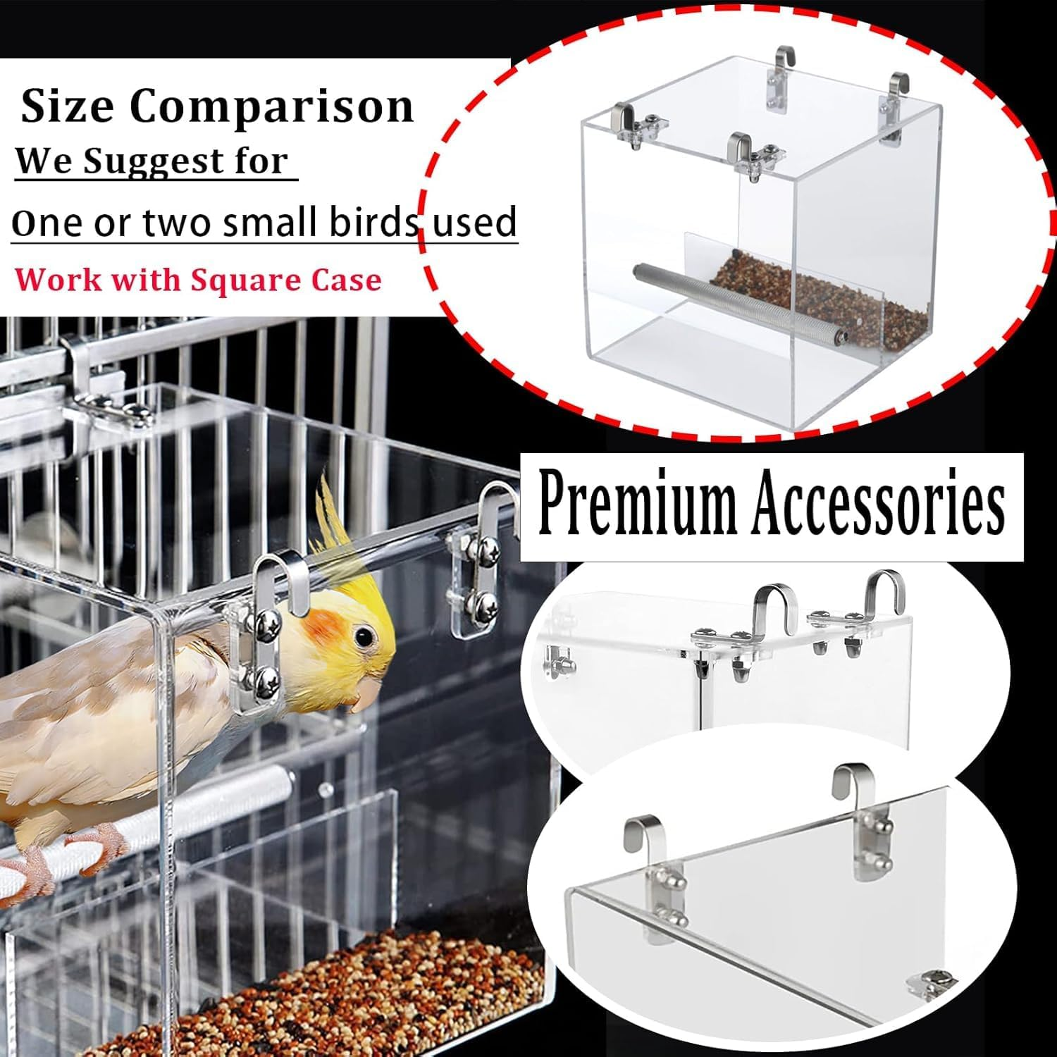 Acrylic Bird Feeder, Large Transparent Leak Proof Food Dispenser, Designed for Birdcages without Mess, Equipped with Stainless Steel Hooks, Suitable for Birds Such as Parrots, Canaries