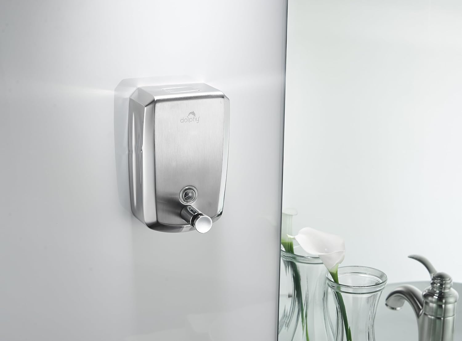 Dolphy Stainless Steel Liquid Soap Dispenser &ndash; 500ML, Wall Mounted, 304 Grade Steel, Leak-Proof, Refillable, Ideal for Bathroom, Kitchen, Hotel, Office & Commercial Use