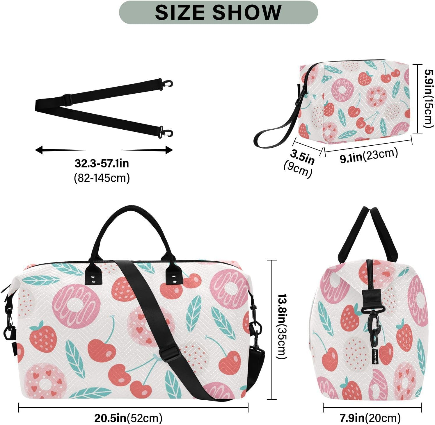 Large Bag Travel Weekender Gear Bag Food Donut Cherry Red Sports Duffel Bags with Adjustable Strap for Travel 2, Food Donut Cherry Red, Set of 2, Art Deco image number 4