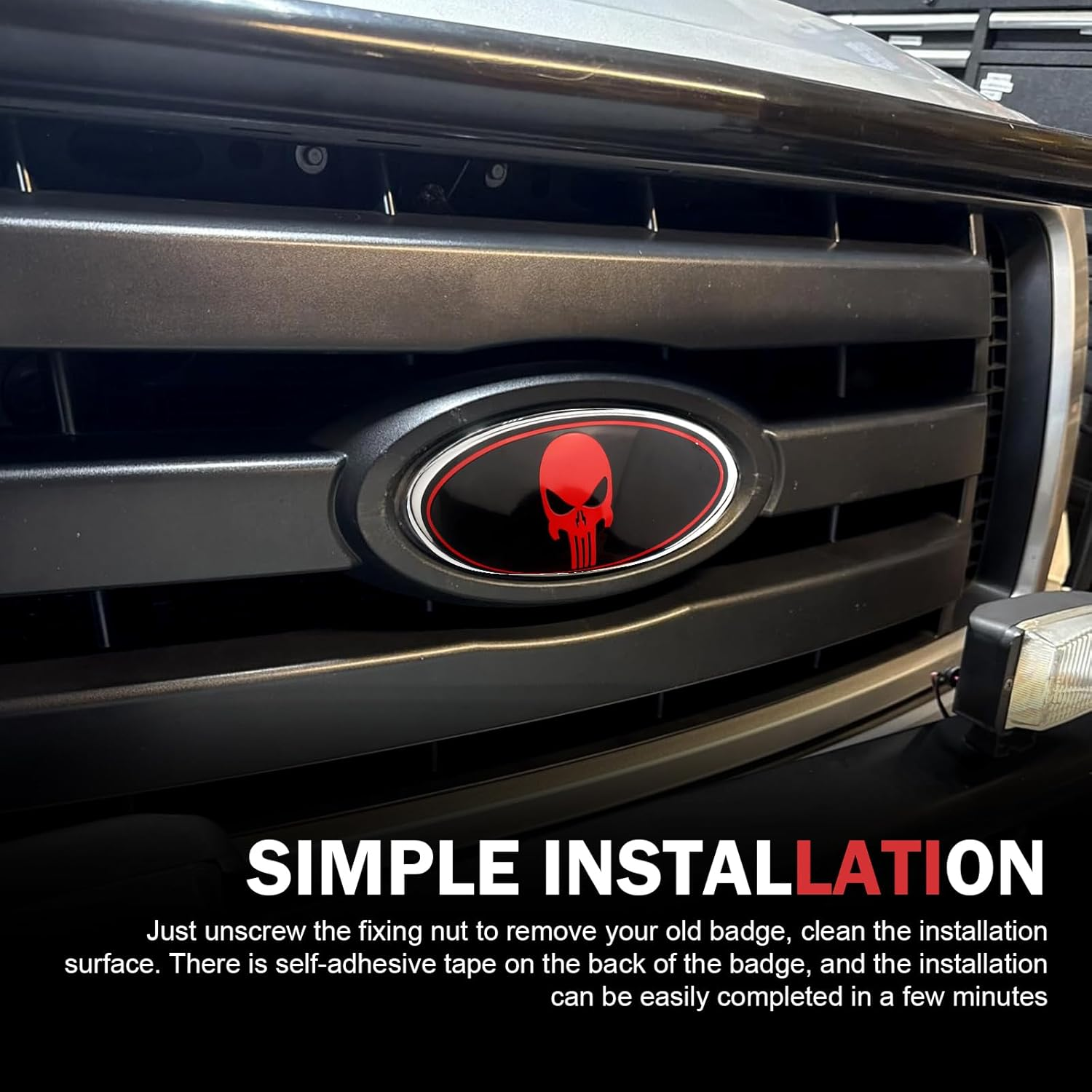 UGSHY 2 PCS Front Grille Emblem, 7" Central Mesh Cover Label, Rear Tailgate Emblem Badge Nameplate, Compatible with Ford F150 F250 F350 (Skull Red) image number 6