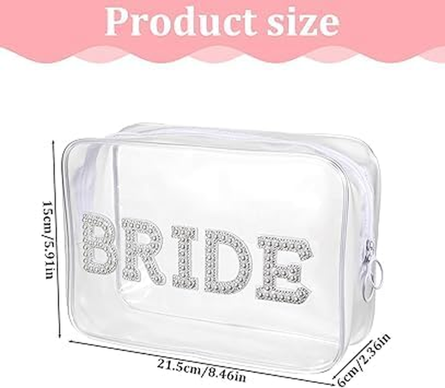 Clear Bride Makeup Bag for Women Bridesmaid Engagement Gift, Pearl Rhinestone Letter Patch Bride Pouch Gifts for Bachelorette Party Wedding Bridal Shower... (Clear, 1PC) image number 6