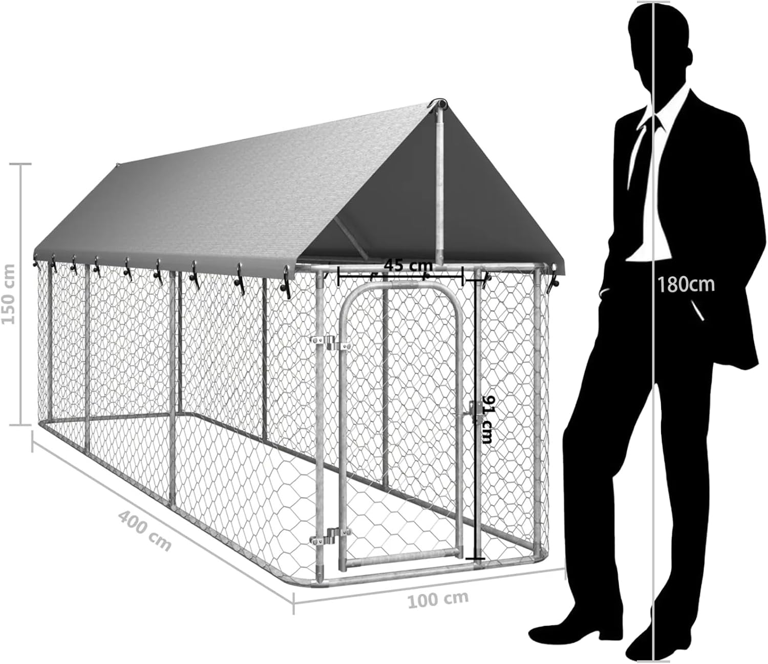 Outdoor Dog Kennel - Durable Galvanised Steel Construction with Safety Lock and UV Protected Canopy - Large Space for Exercise and Play (400 X 100 X 150 Cm) image number 4