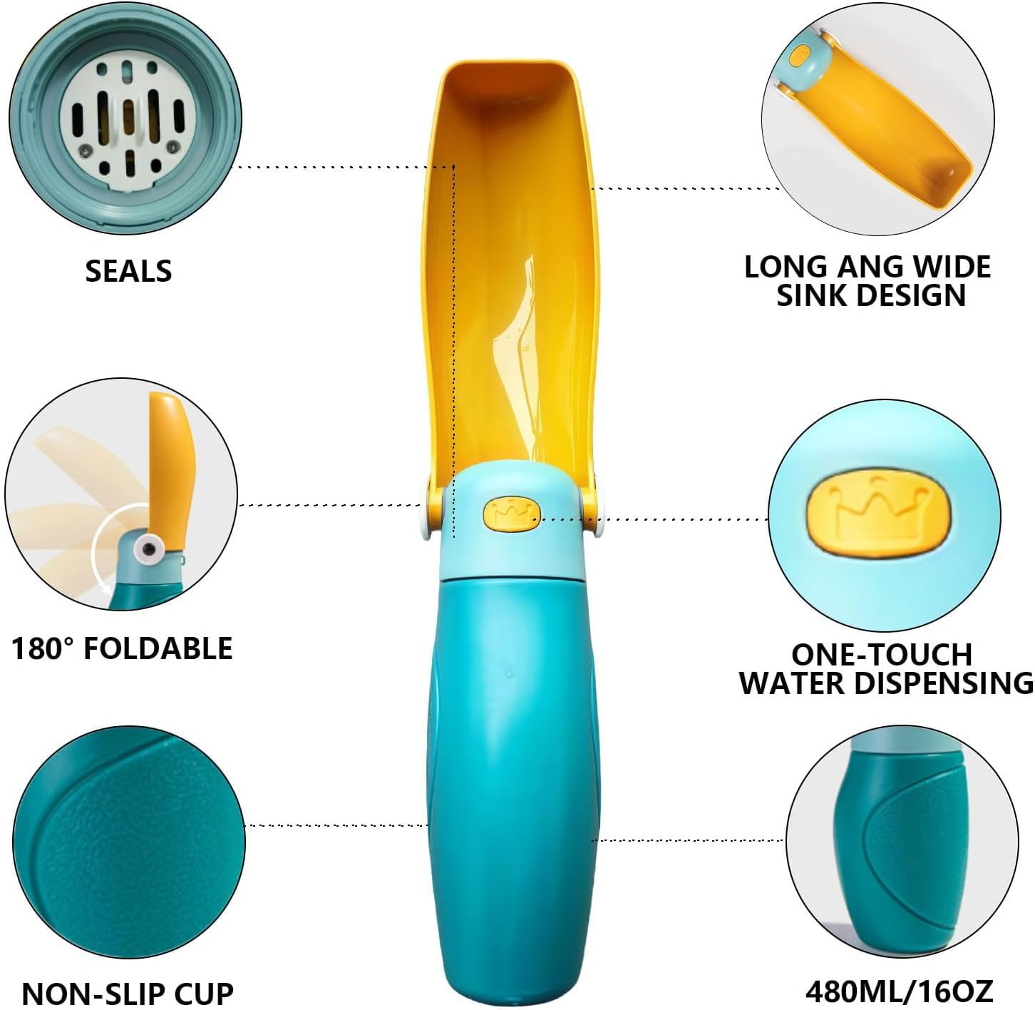 VCCLFSIA Portable Dog Water Bottle, 2025 New Upgraded Leak Proof Dog Travel Water Bottle Dispenser, Puppy Travel Bowl for Dogs Cats Puppies Kittens (Blue & Yellow, 480ML) image number 6