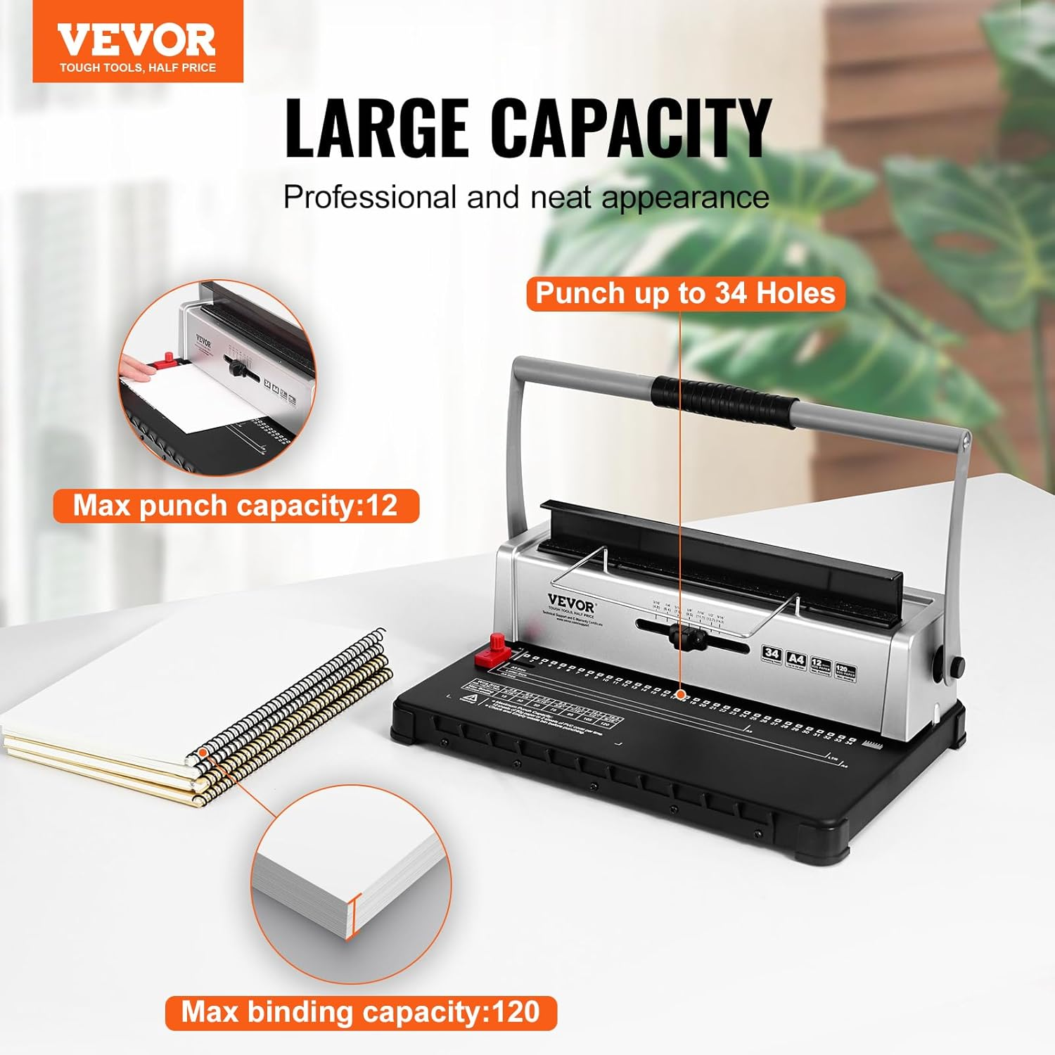 VEVOR Coil Spiral Binding Machine, Manual Book Maker 34-Holes Binding 120 Sheets, Punch Binder with Adjustable 3/16" - 9/16" Coil Binding Spines and Side Margin, for Letter Size, A4, A5 image number 4
