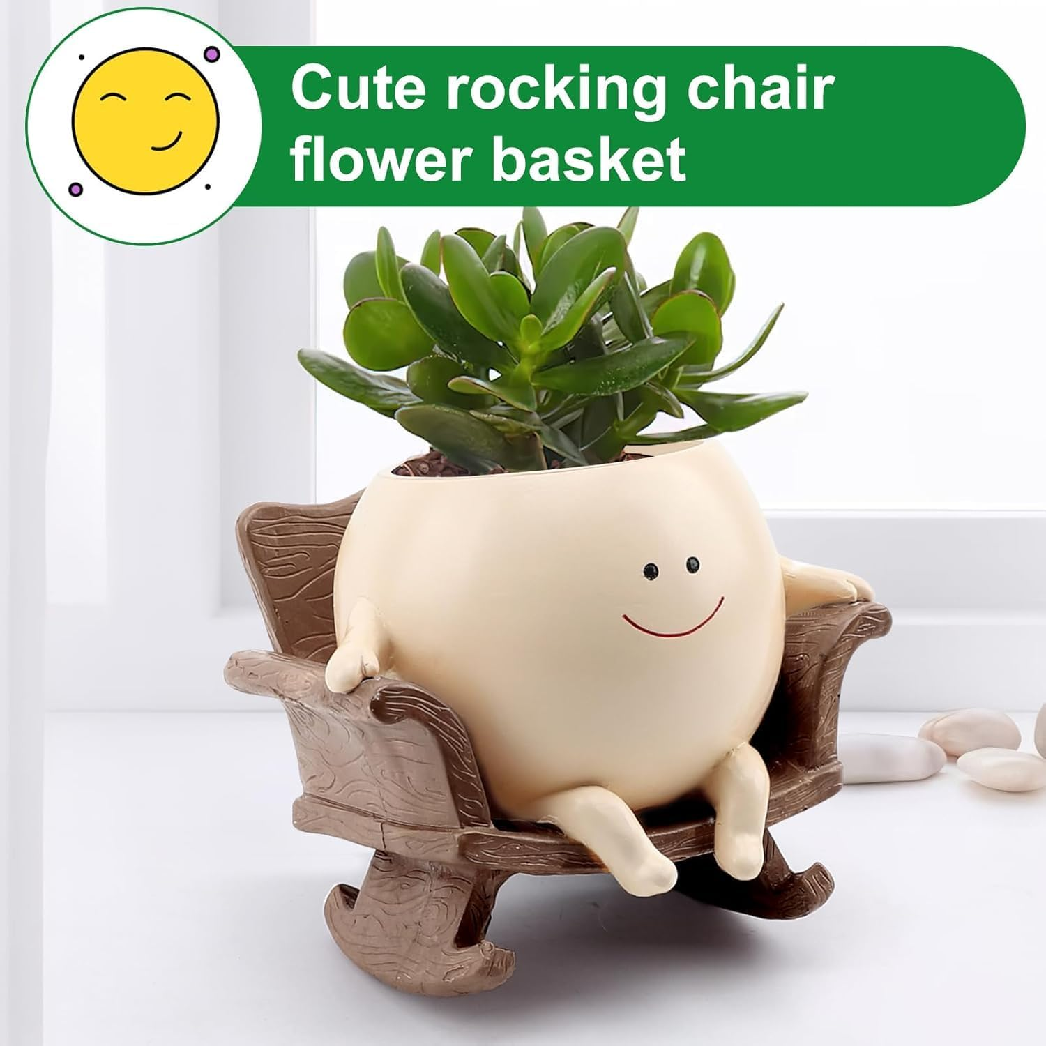 Face Planter Pots for Indoor Plants, Cute Resin Flower Head Planters, Rocking Chair Succulent Flower Pots with Drainage Hole, Gift Ideai for Birthday (Smile) image number 2