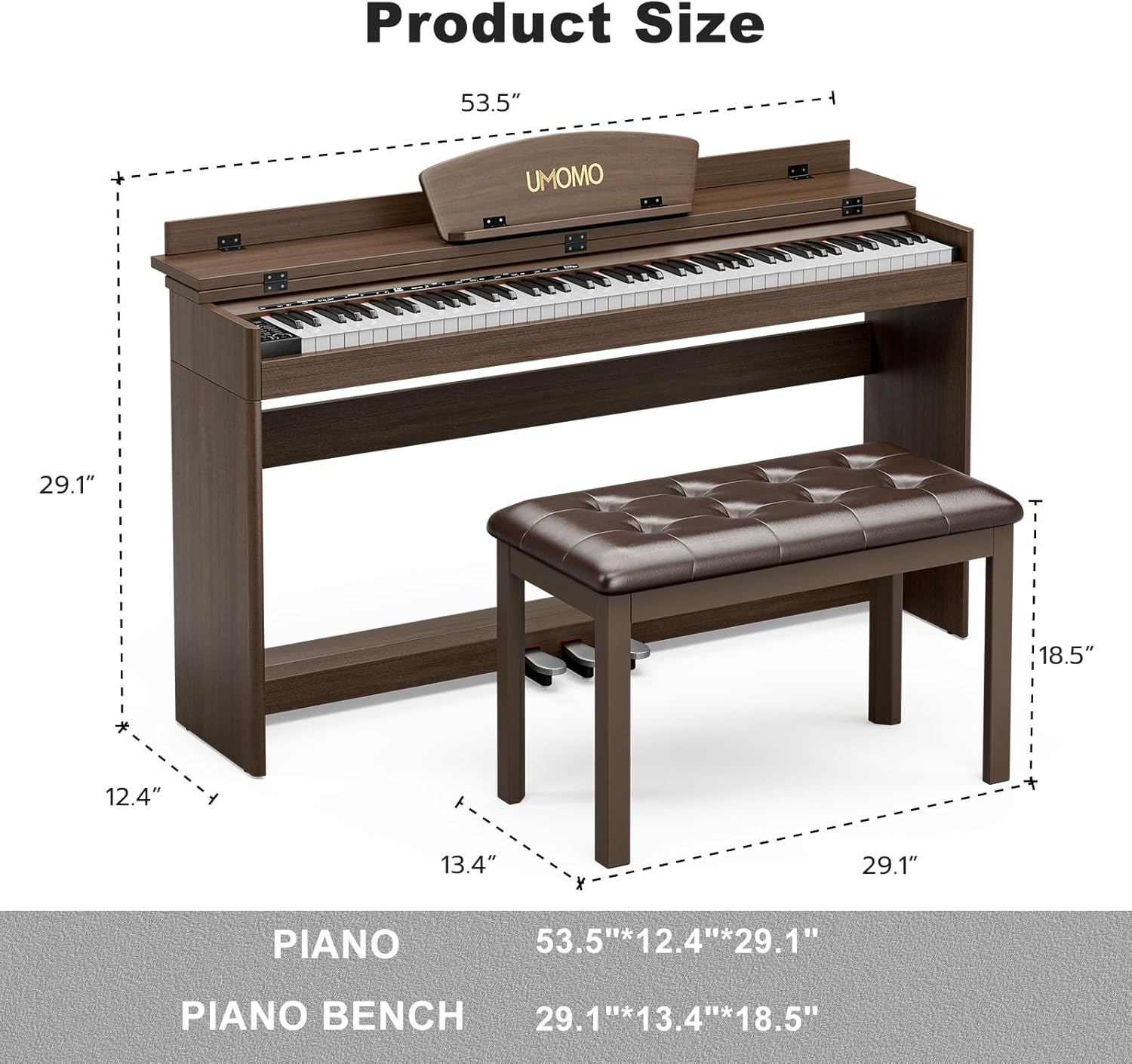 UMOMO U-710 88 Key Digital Piano Keyboard with Piano Bench, Full Size Electric Piano with Piano Stand, Headphone Jack, 3 Pedal, Electronic Piano for Beginner, Adults, Brown - Brown image number 6