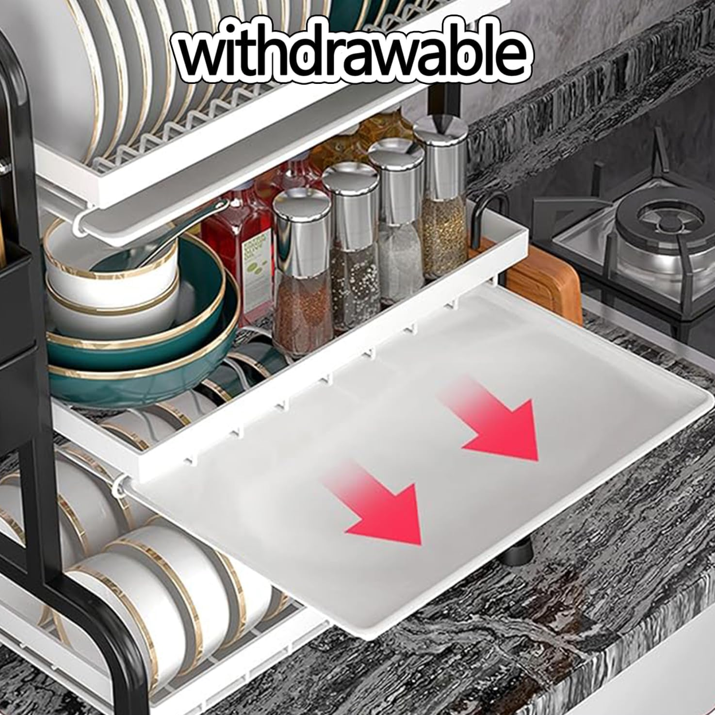 WADY 2 Tier Large Dish Drying Rack, Strong Carbon Steel Dish Drainer, Kitchen Countertop with Draining Board for Kitchen Storage & Organisation, Storage Shelf Bowl Shelves with Water Drip Trays