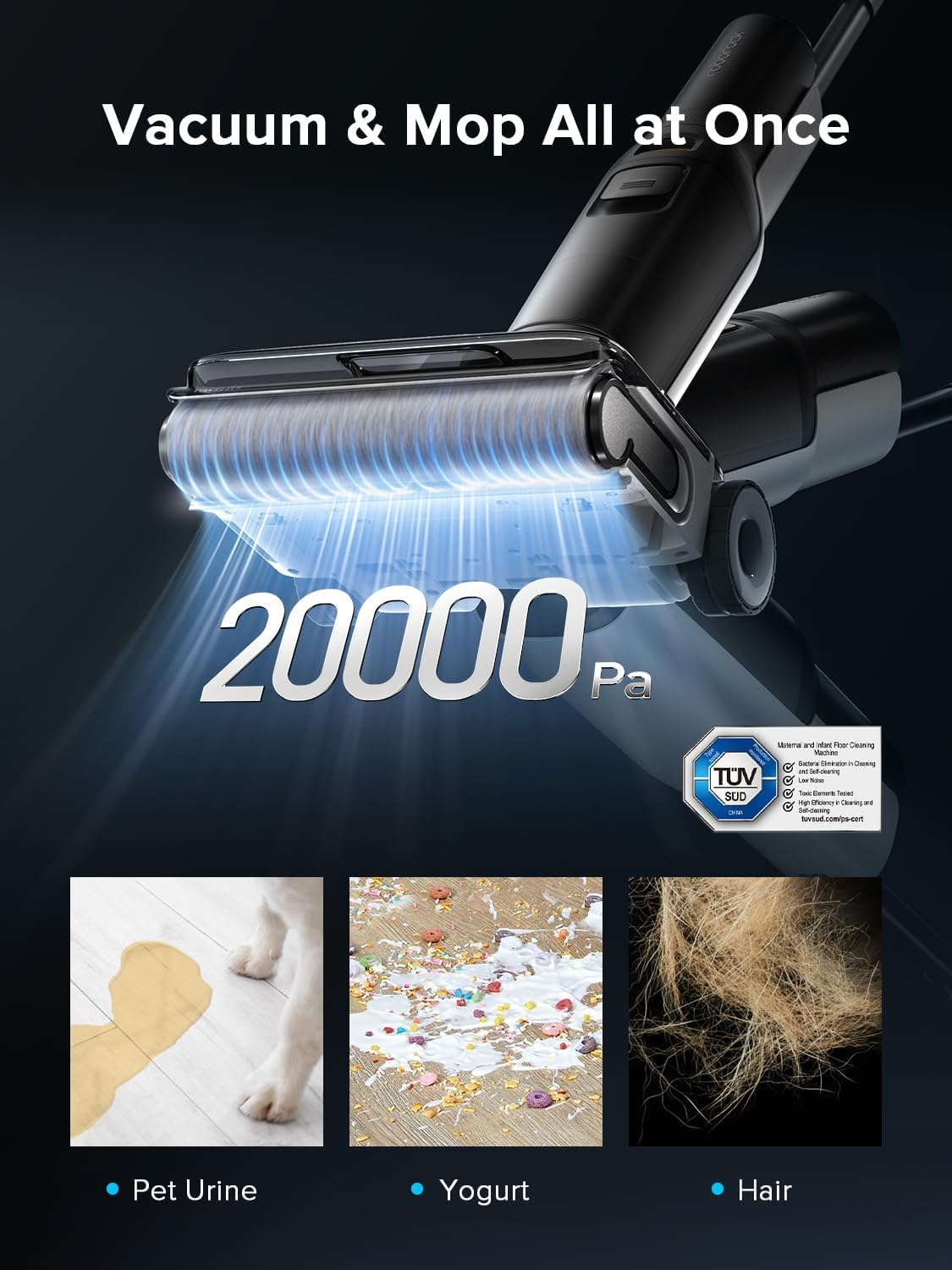 Roborock F25 ACE Wet Dry Vacuum Cleaner, Cordless Vacuum Mop All in One for Hard Floor, 20000Pa Hardwood Floor Cleaner with Zero Tangle, 194&deg;F Hot Air Flash Drying Electric Mop, 180&deg; Lie Flat, Wifi image number 4