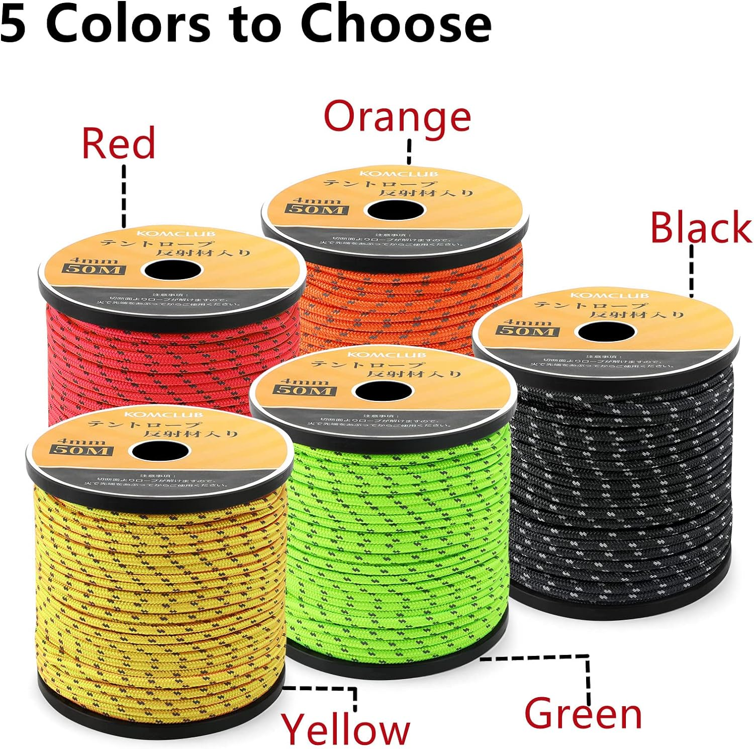 KOMCLUB Camping Rope Camping Reflective Rope,Adjuster Guy Lines Tent Cords,Lengths 50M,Diameter 4Mm,For Camping,Hikingand,Backpacking (Orange)